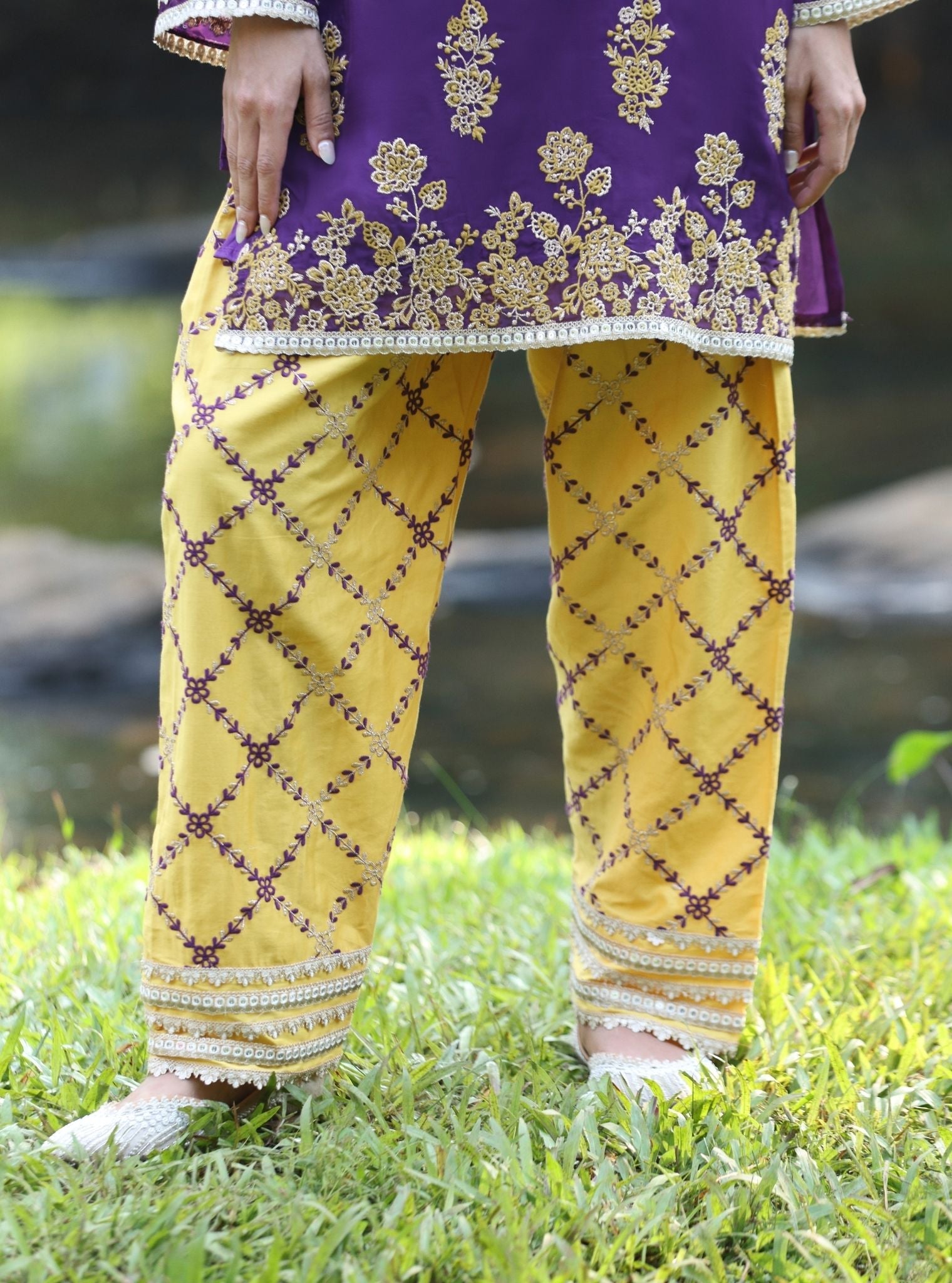 Mulmul Organza Khwab Purple Kurta With Mulmul Pima Satin Khwab Yellow Pant