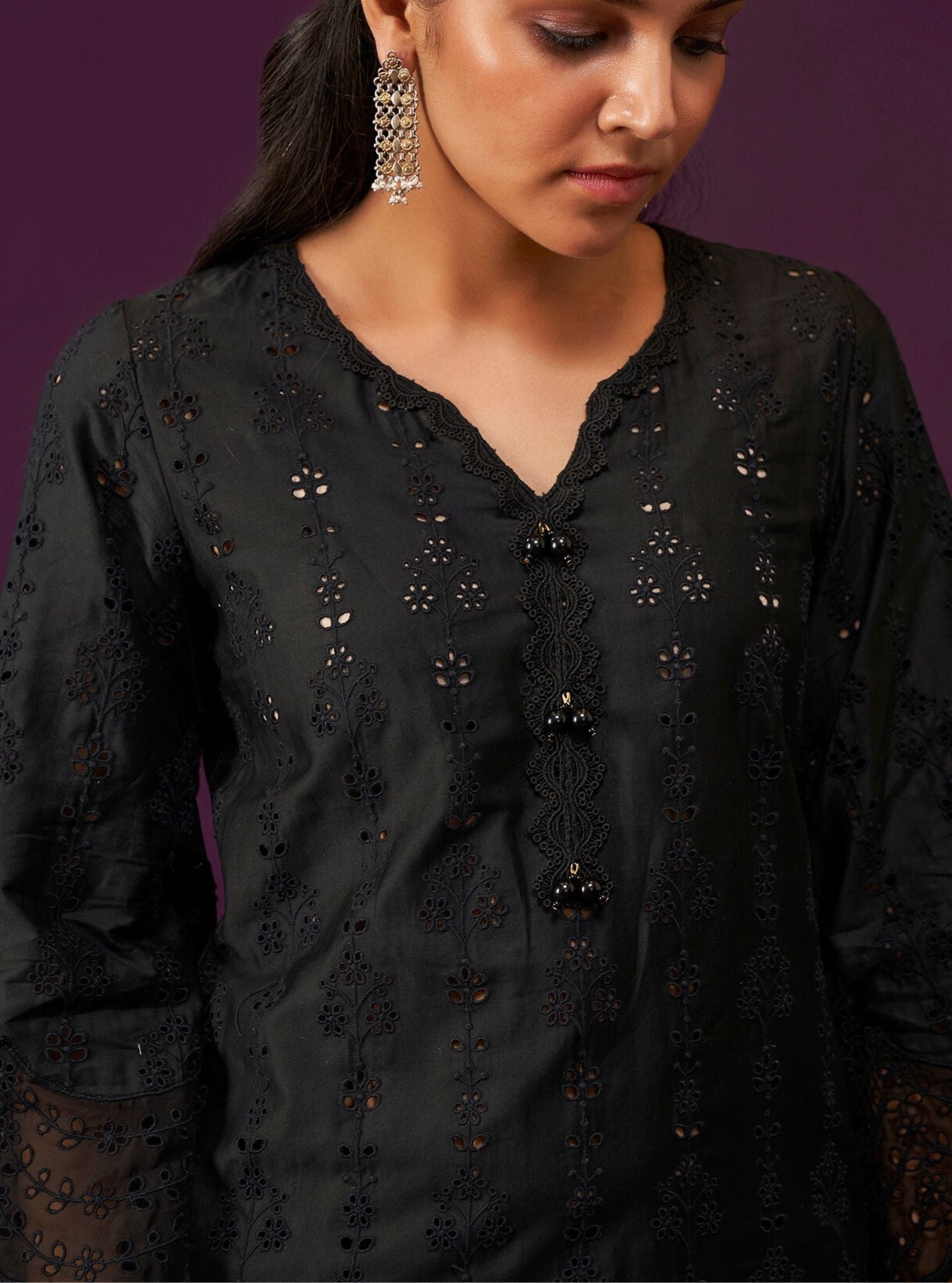 Mulmul Pima Satin Madee Black Kurta With Mulmul Pima Satin Madee Black Pant