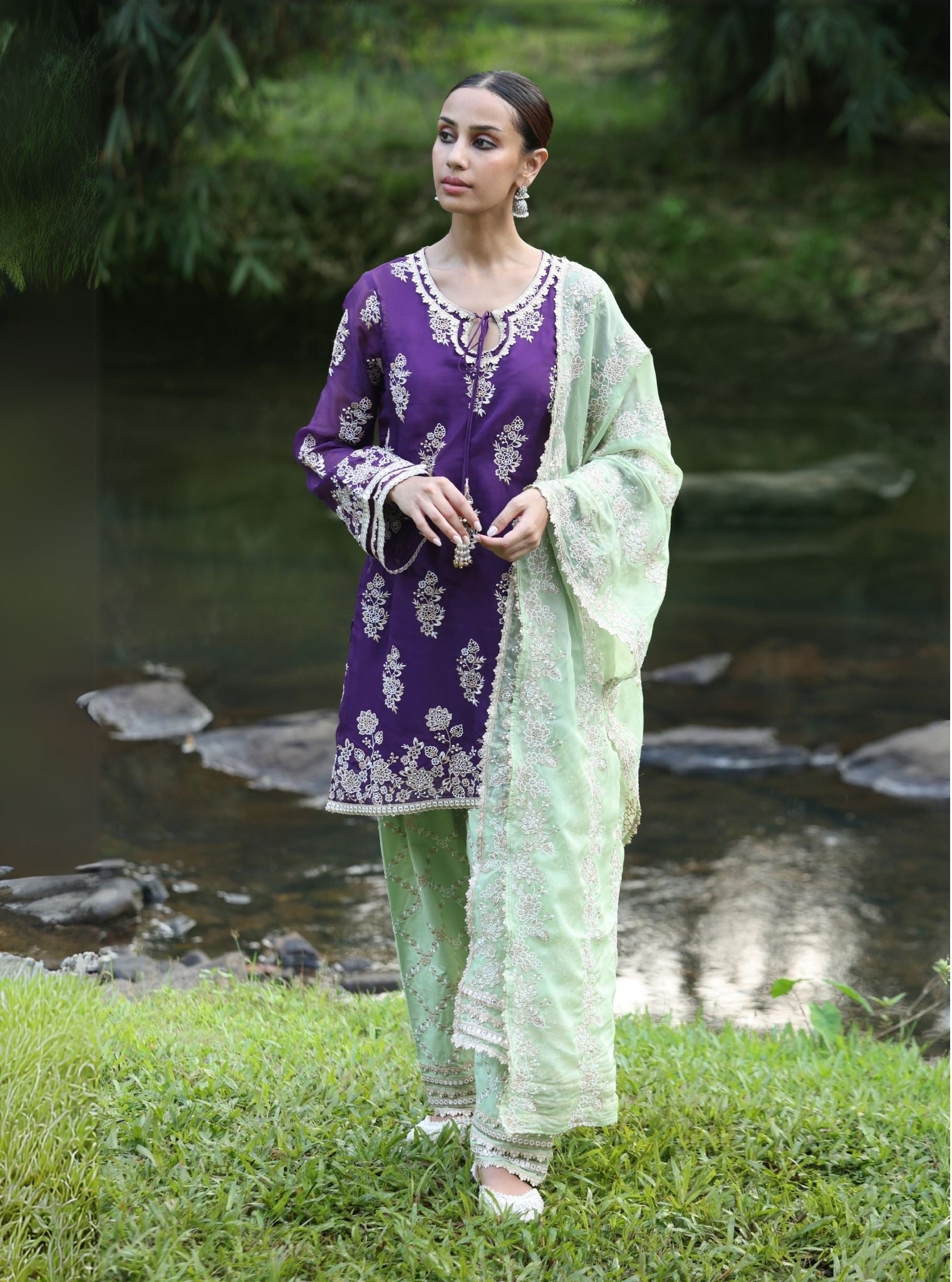 Mulmul Organza Khwab Purple Kurta With Mulmul Pima Satin Khwab Green Pant