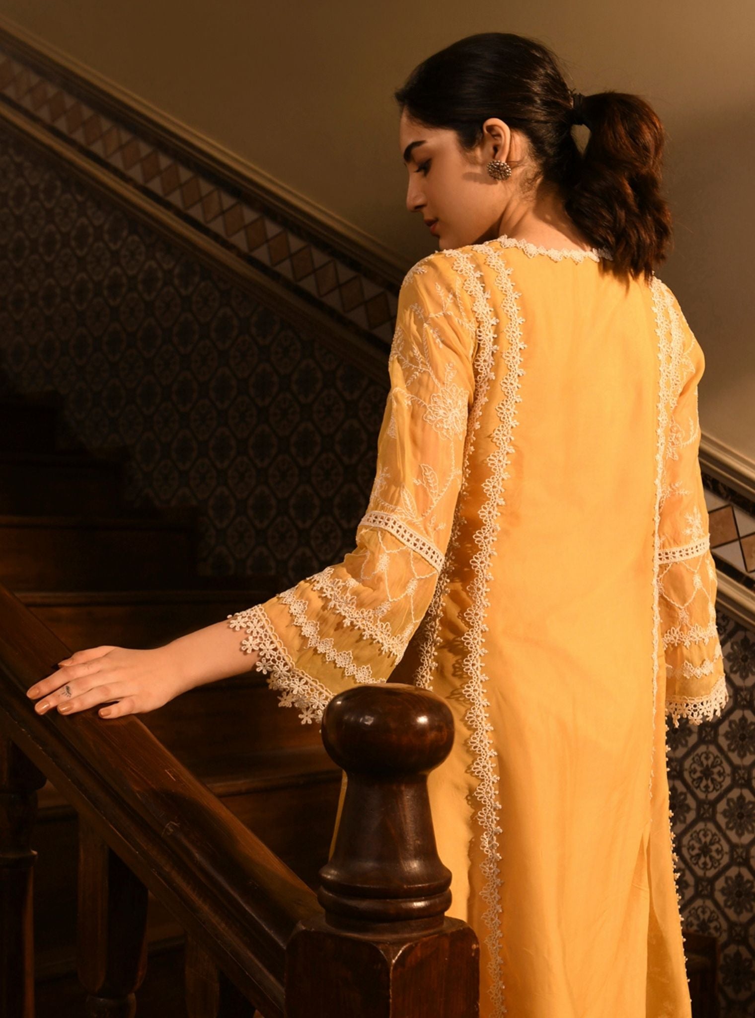 Mulmul Organza Barsin Yellow Anarkali Kurta With Mulmul Cotton Barsin Yellow Pant