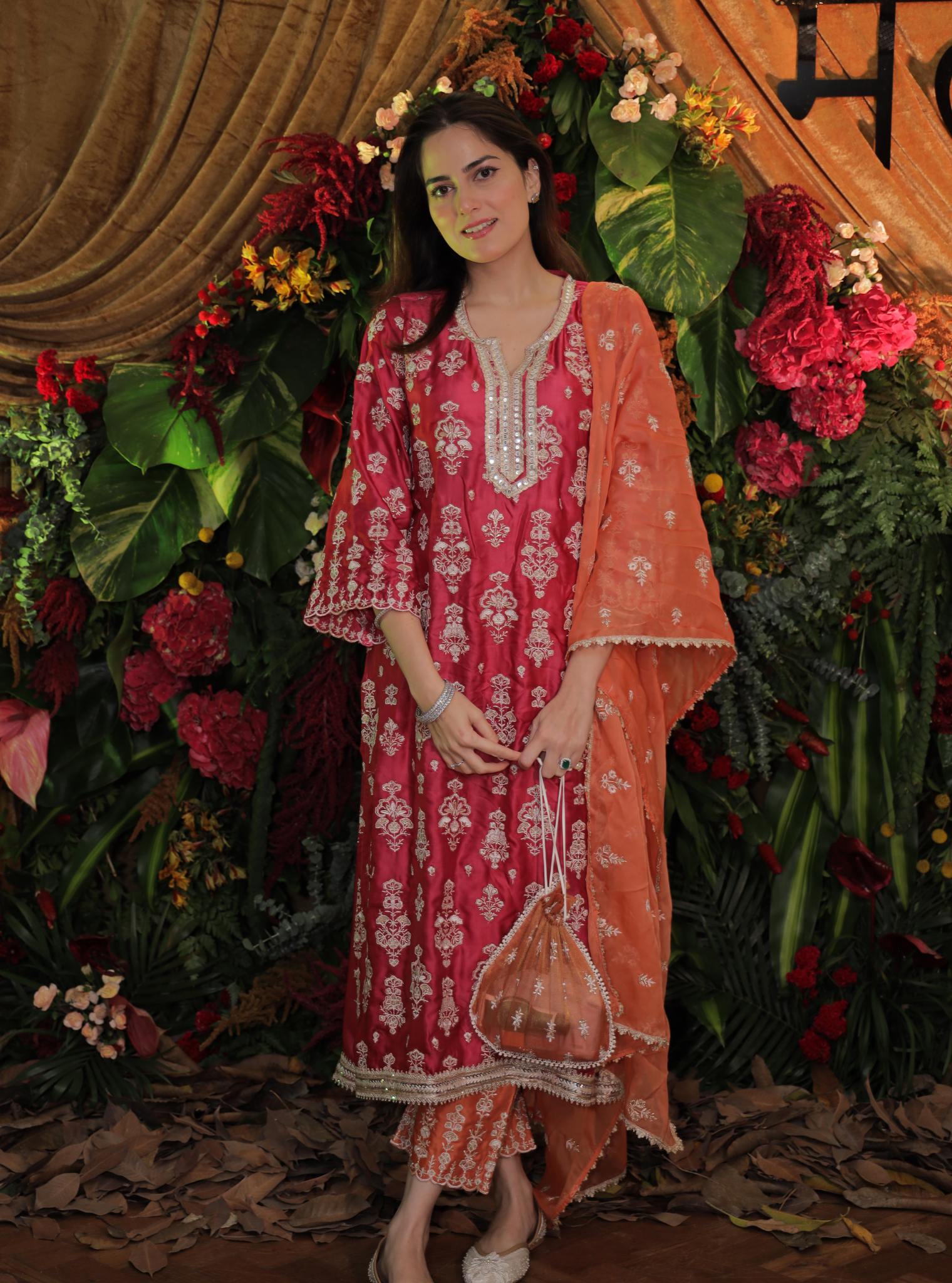 Mulmul Cupro Satin Florentina Fuschia Kurta With Mulmul Cupro Satin Florentina Burnt Orange Pant