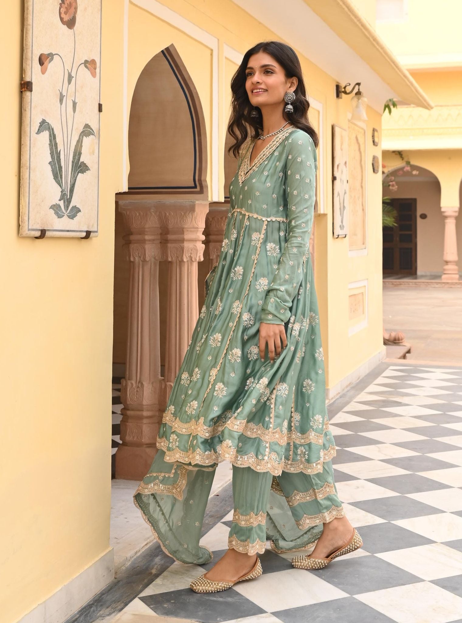 Mulmul Organza Satin Tareefan Teal Blue Anarkali Kurta with Mulmul Modal Satin Tareefan Teal Blue Pant