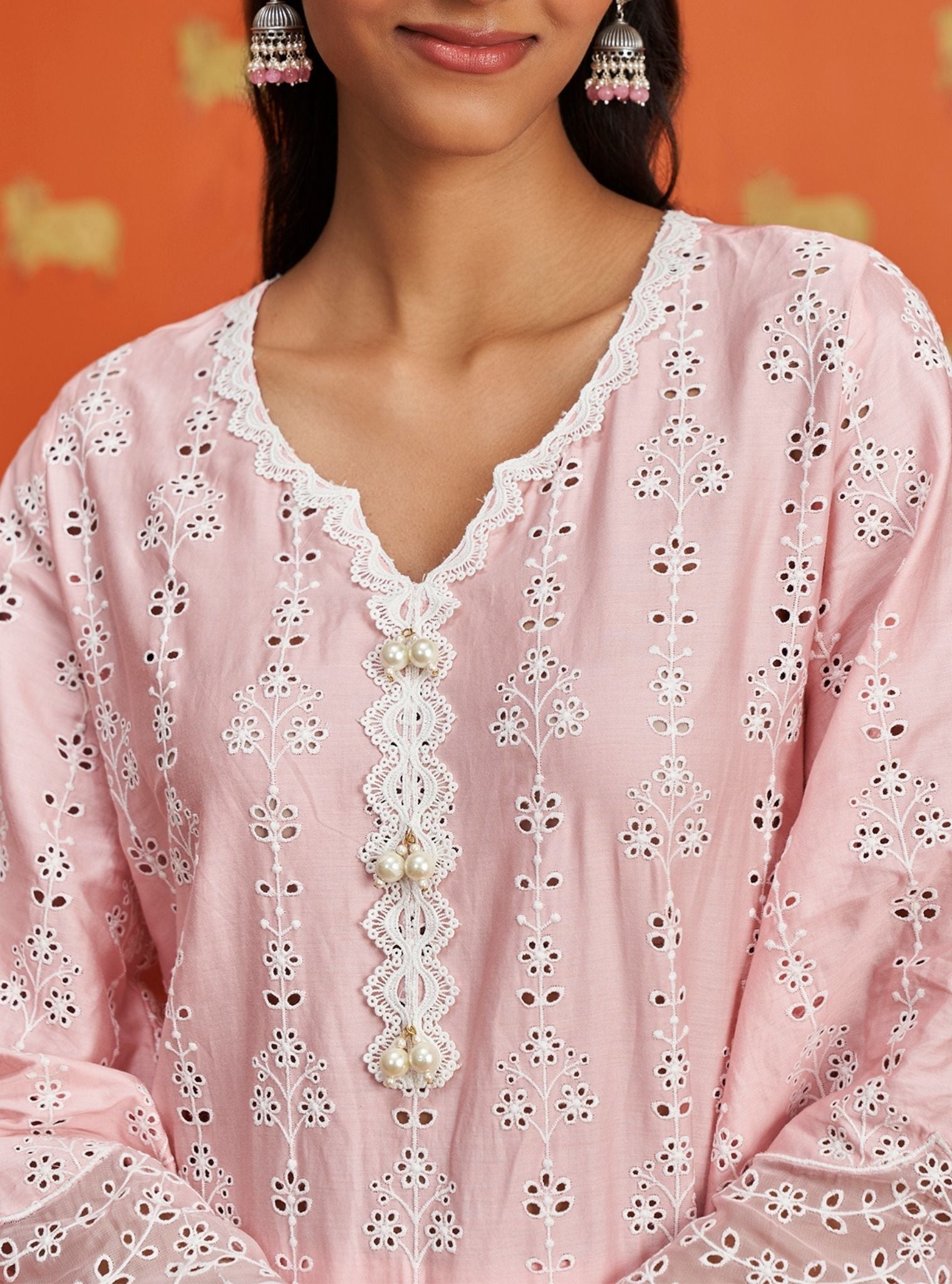 Mulmul Pima Satin Madee Pink Kurta With Mulmul Pima Satin Madee Pink Pant