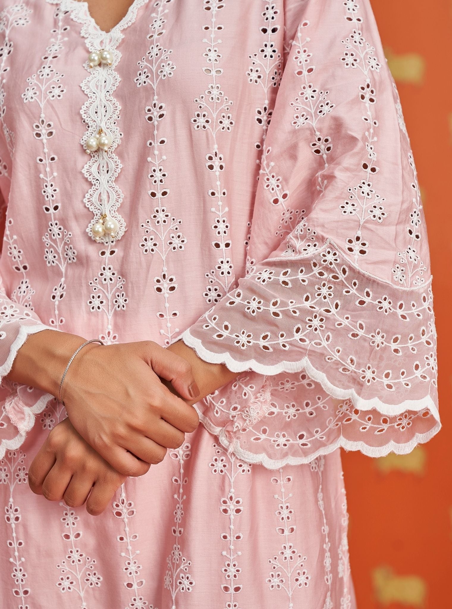 Mulmul Pima Satin Madee Pink Kurta With Mulmul Pima Satin Madee Pink Pant