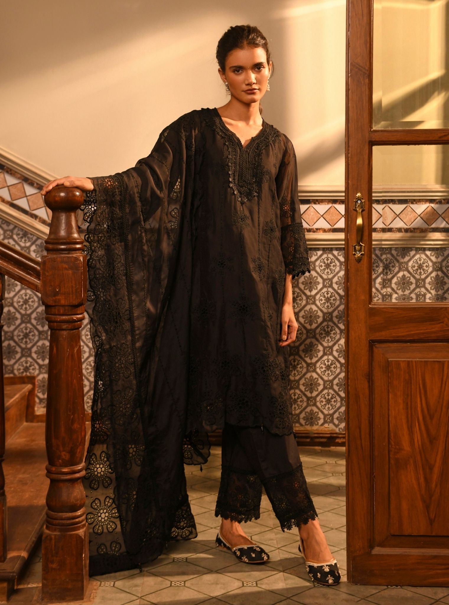 Mulmul Organza Bita Black Kurta With Mulmul Cotton Bita Black Pant