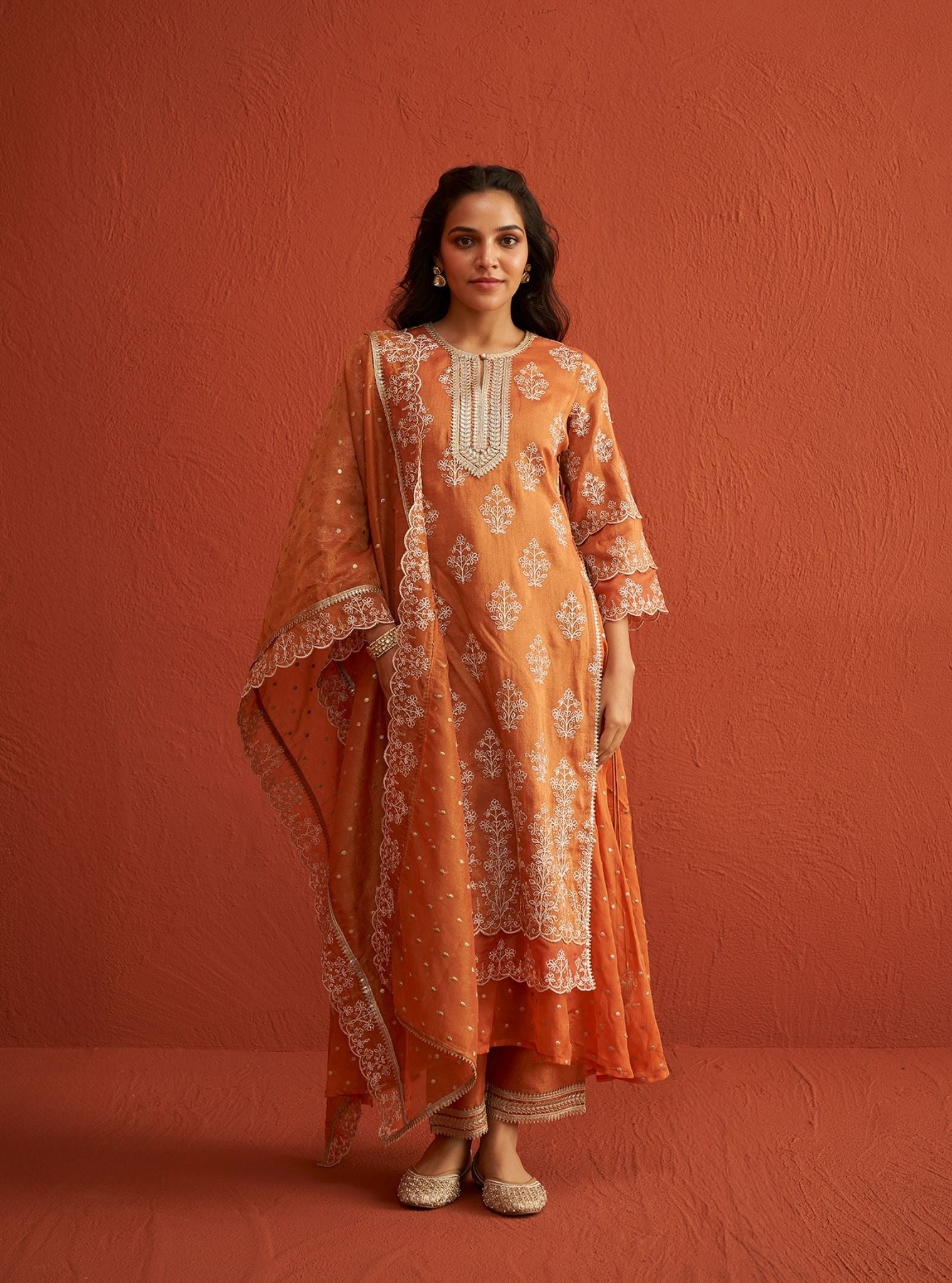 Mulmul Tissue Linen Satin Evelina Burnt Orange Kurta With Mulmul Tissue Linen Satin Evelina Burnt Orange Pant