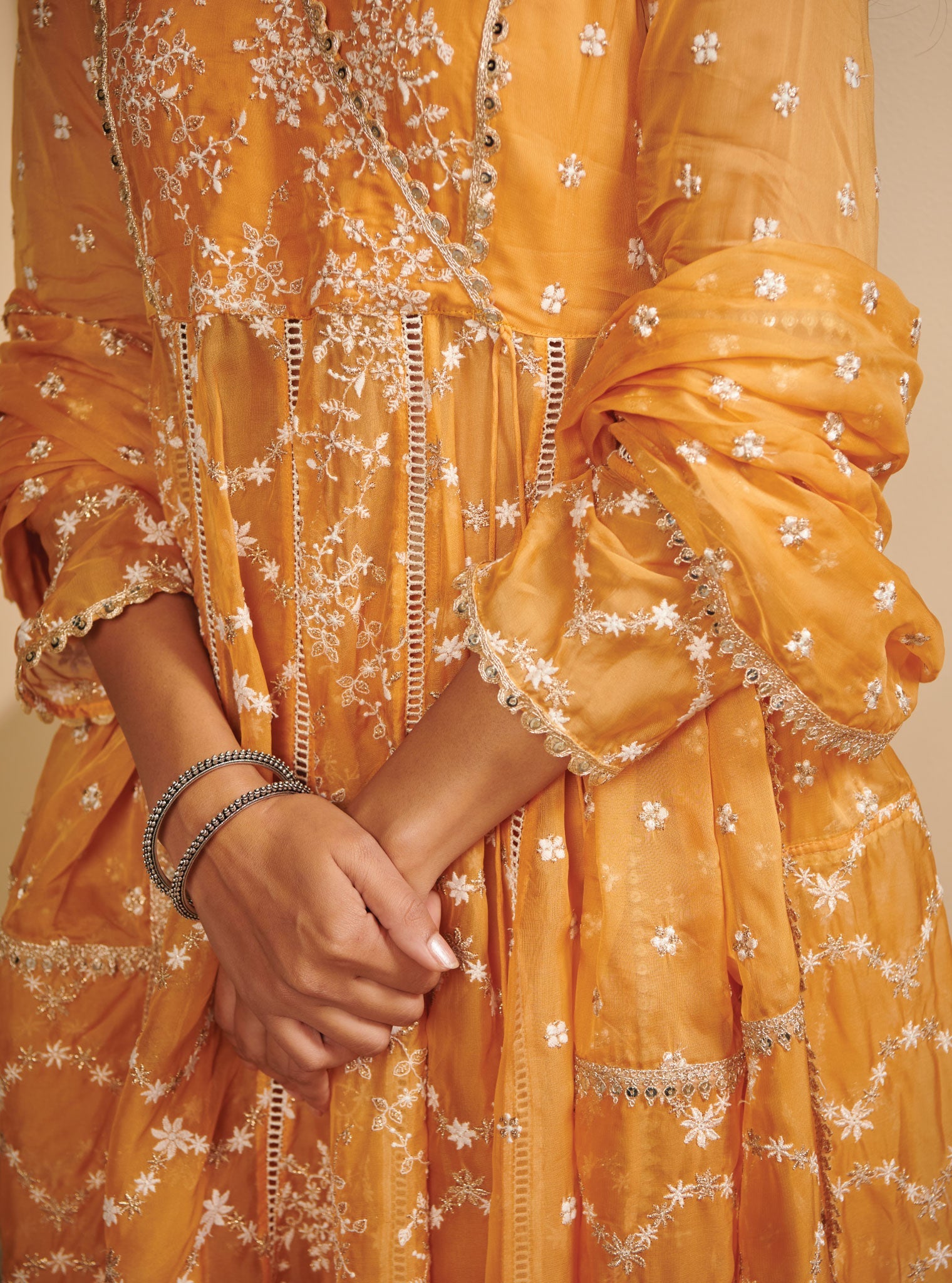 Mulmul Organza Arvati Anarkali Mango Kurta With Mulmul Pima Satin Arvati Mango Pant