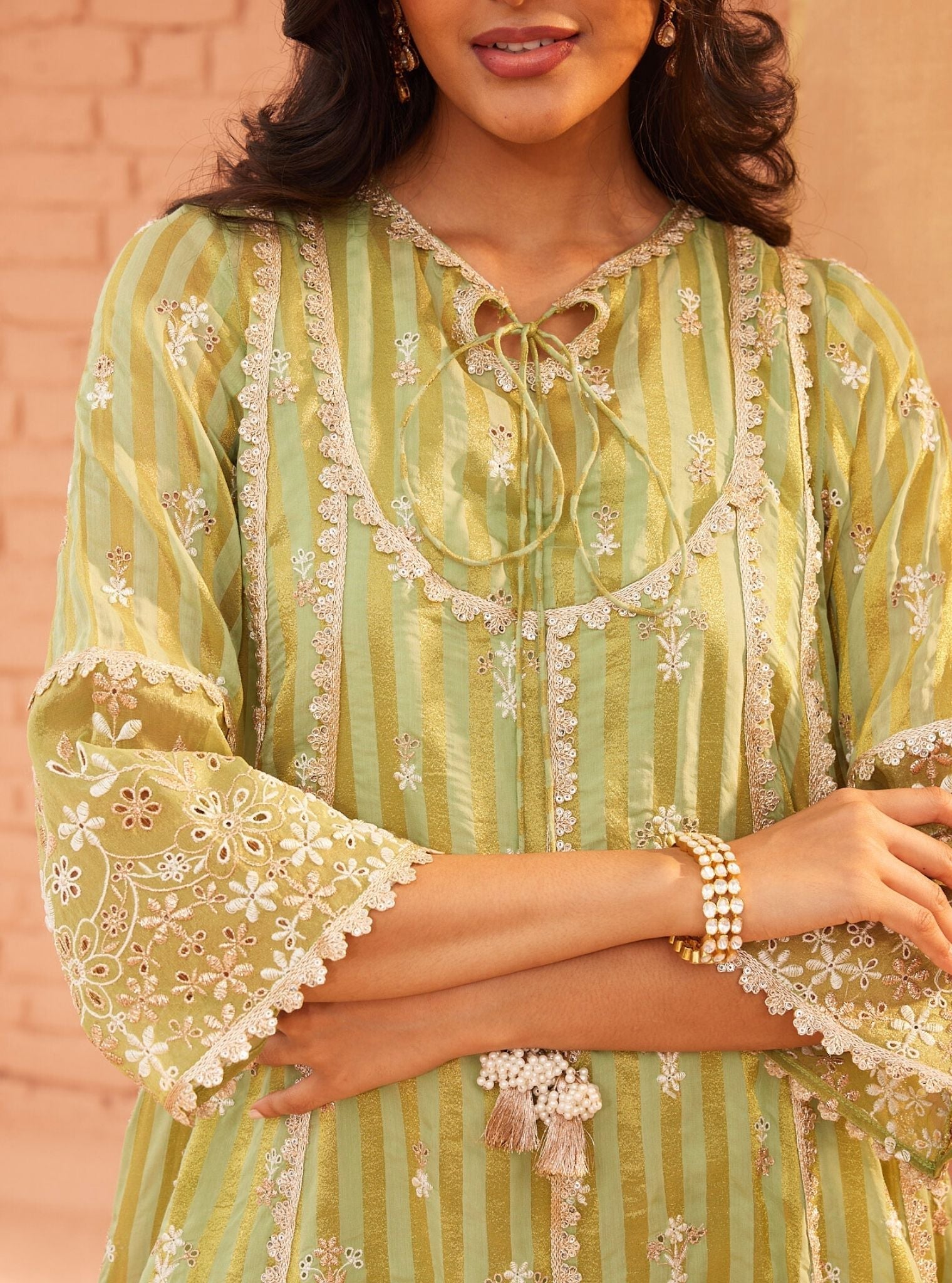 Mulmul Banarsi Bridget Green Anarkali Kurta With Mulmul Cotton Bridget Green Pant