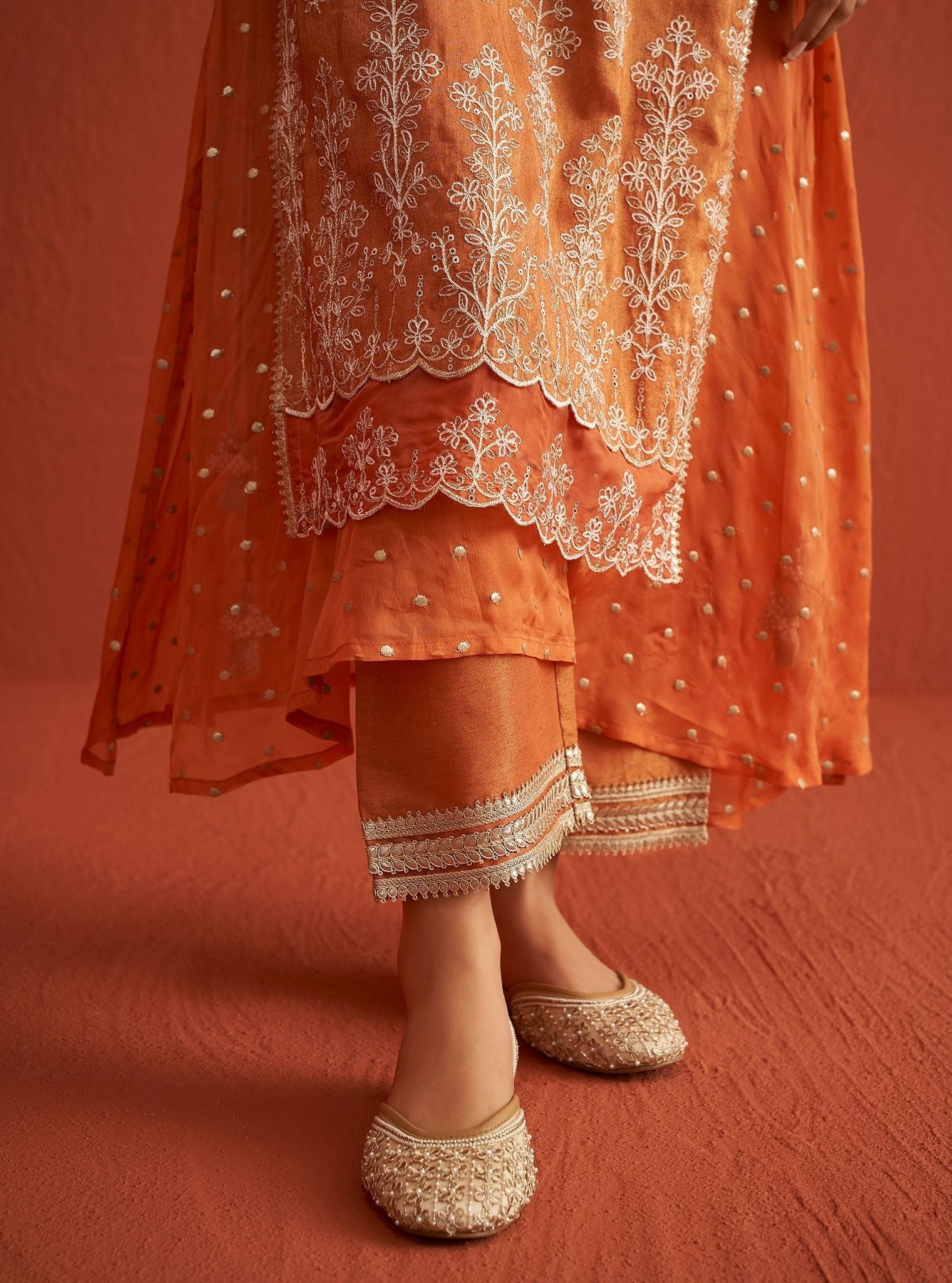 Mulmul Tissue Linen Satin Evelina Burnt Orange Kurta With Mulmul Tissue Linen Satin Evelina Burnt Orange Pant