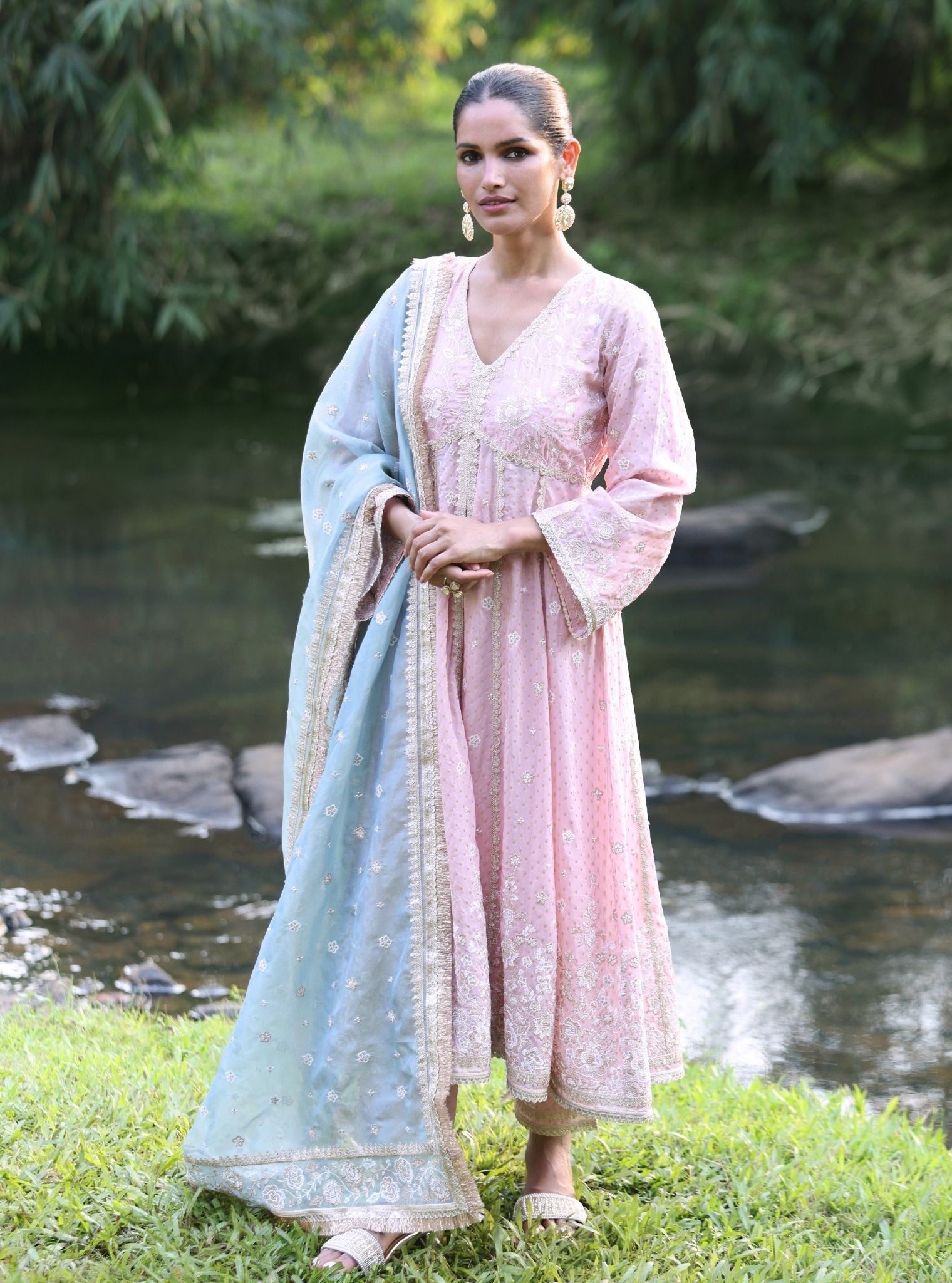 Mulmul Banarsi Rangeela Pink Anarkali Kurta With Mulmul Banarsi Rangeela Pink Pant