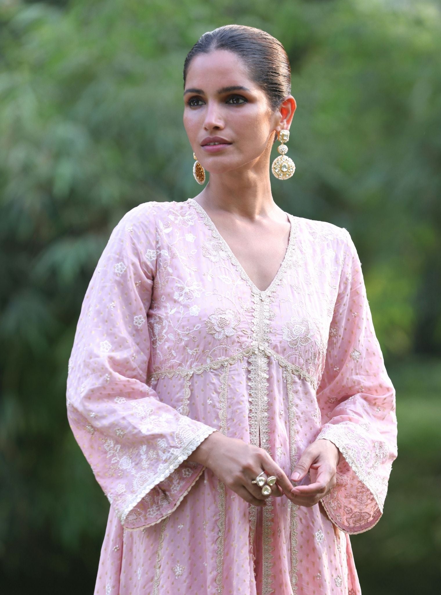 Mulmul Banarsi Rangeela Pink Anarkali Kurta With Mulmul Banarsi Rangeela Pink Pant