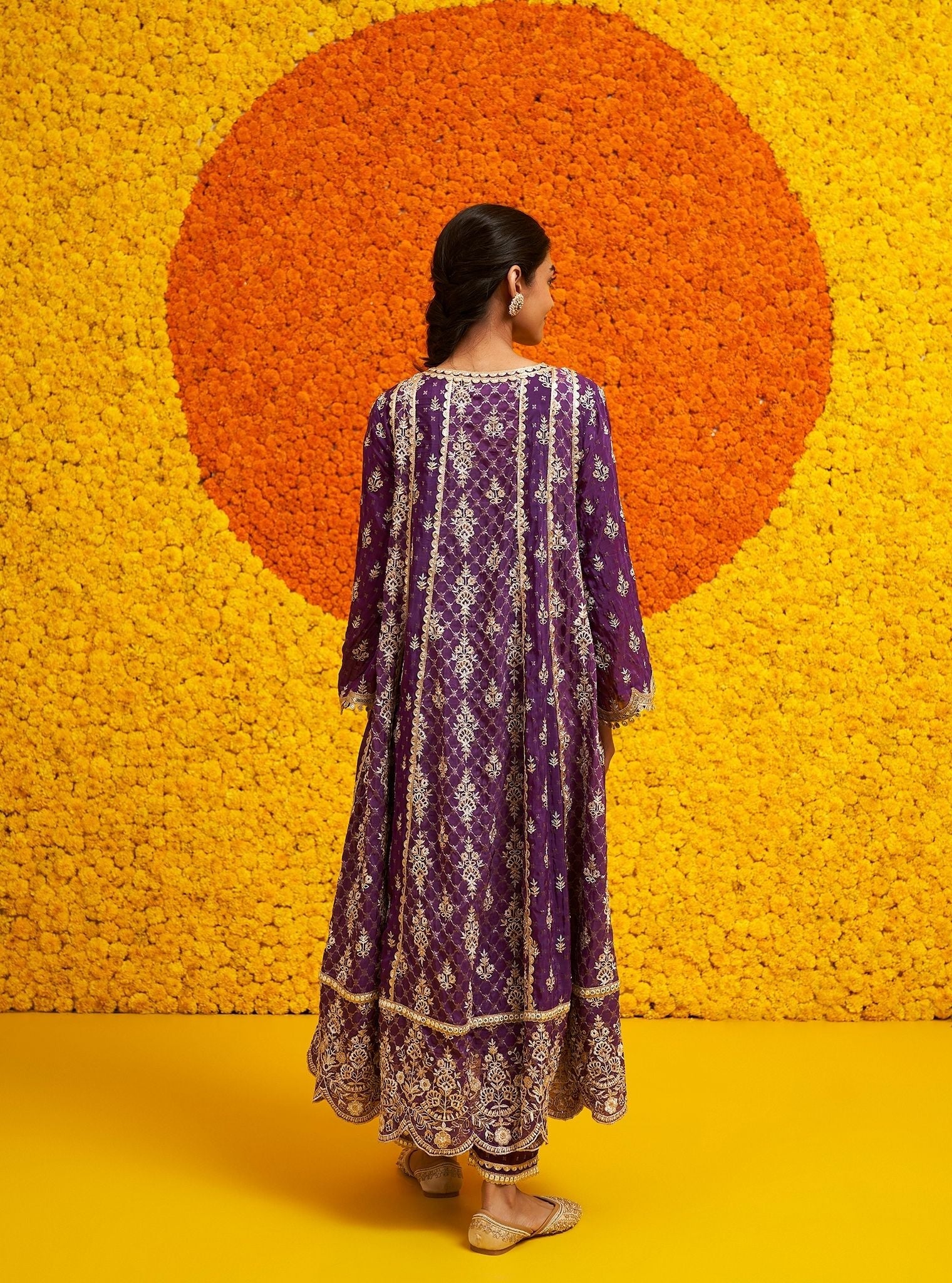 Mulmul Banarsi Chalka Purple Anarkali Kurta With Mulmul Banarsi Chalka Purple Pant