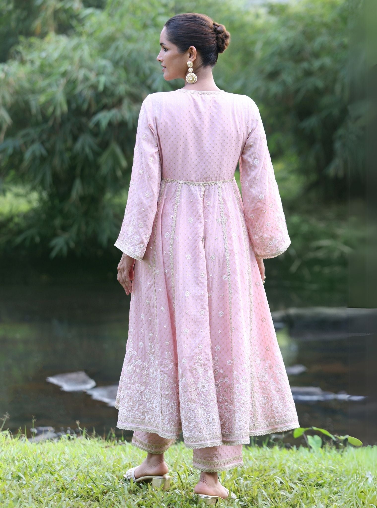 Mulmul Banarsi Rangeela Pink Anarkali Kurta With Mulmul Banarsi Rangeela Pink Pant