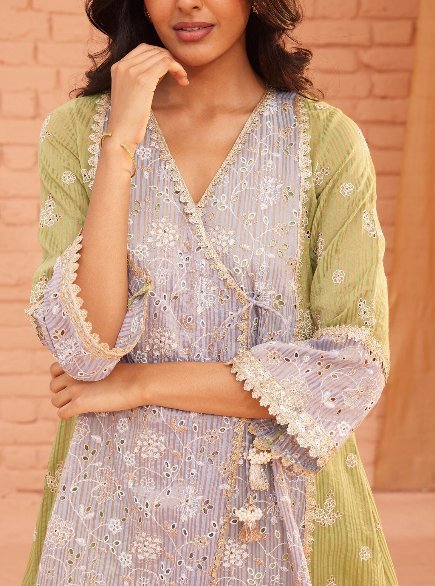 Mulmul Banarsi Vanessa Blue Anarkali Kurta With Mulmul Cotton Vanessa Green Pant