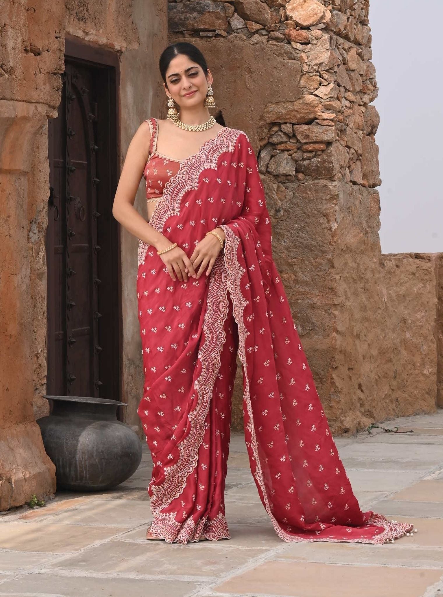 Mulmul Organza Satin Bindiya Red Saree