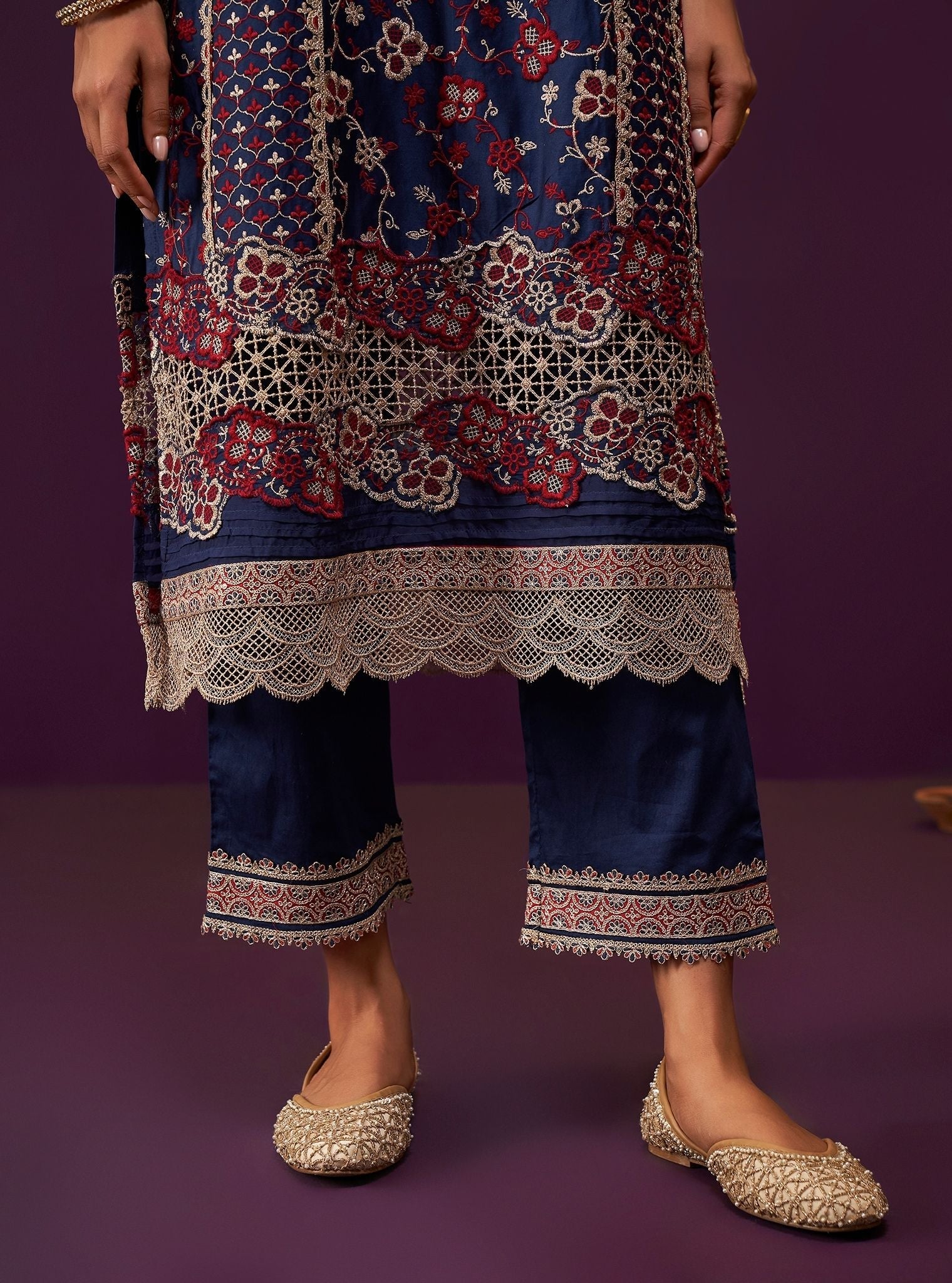 Mulmul Pima Satin Anchali Navy Kurta With Mulmul Pima Satin Anchali Navy Pant