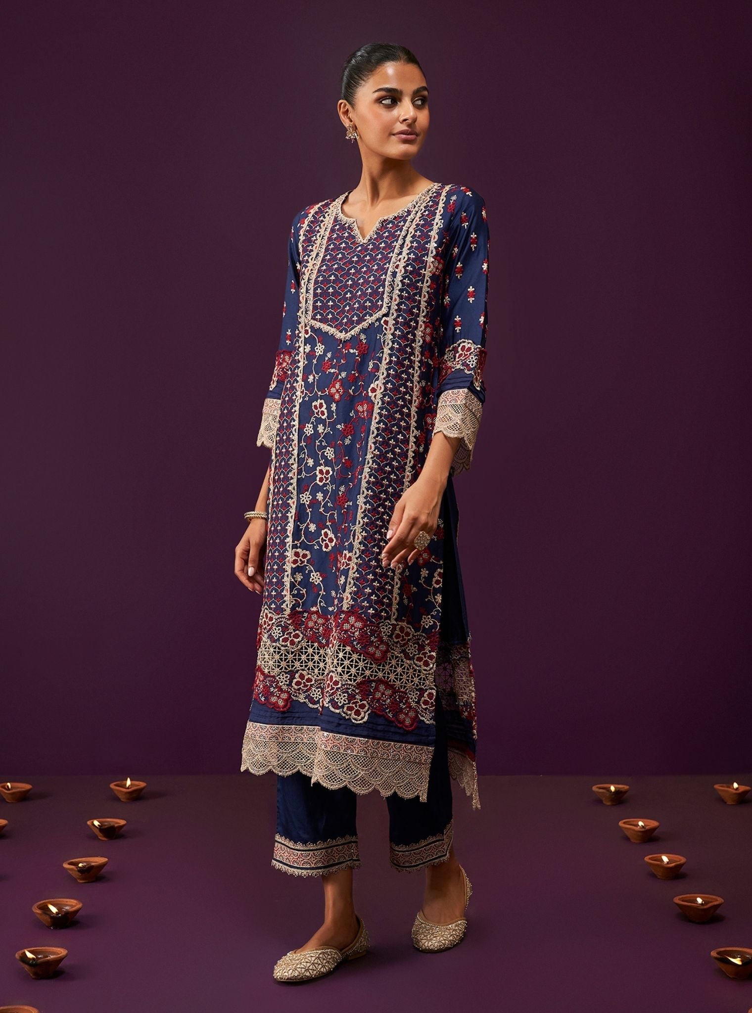 Mulmul Pima Satin Anchali Navy Kurta With Mulmul Pima Satin Anchali Navy Pant