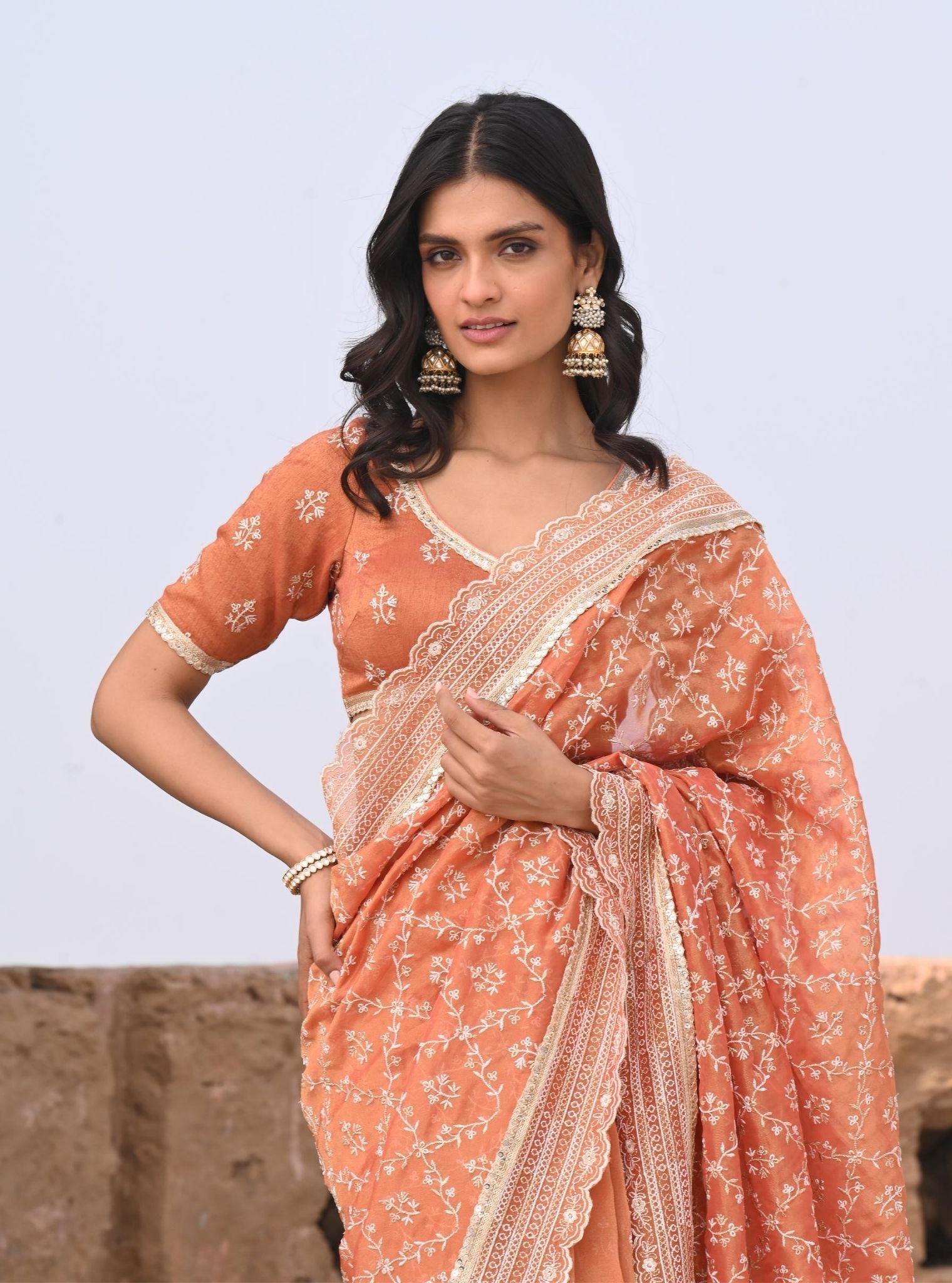 Mulmul Luxe Tissue Mehram Burnt Orange Saree