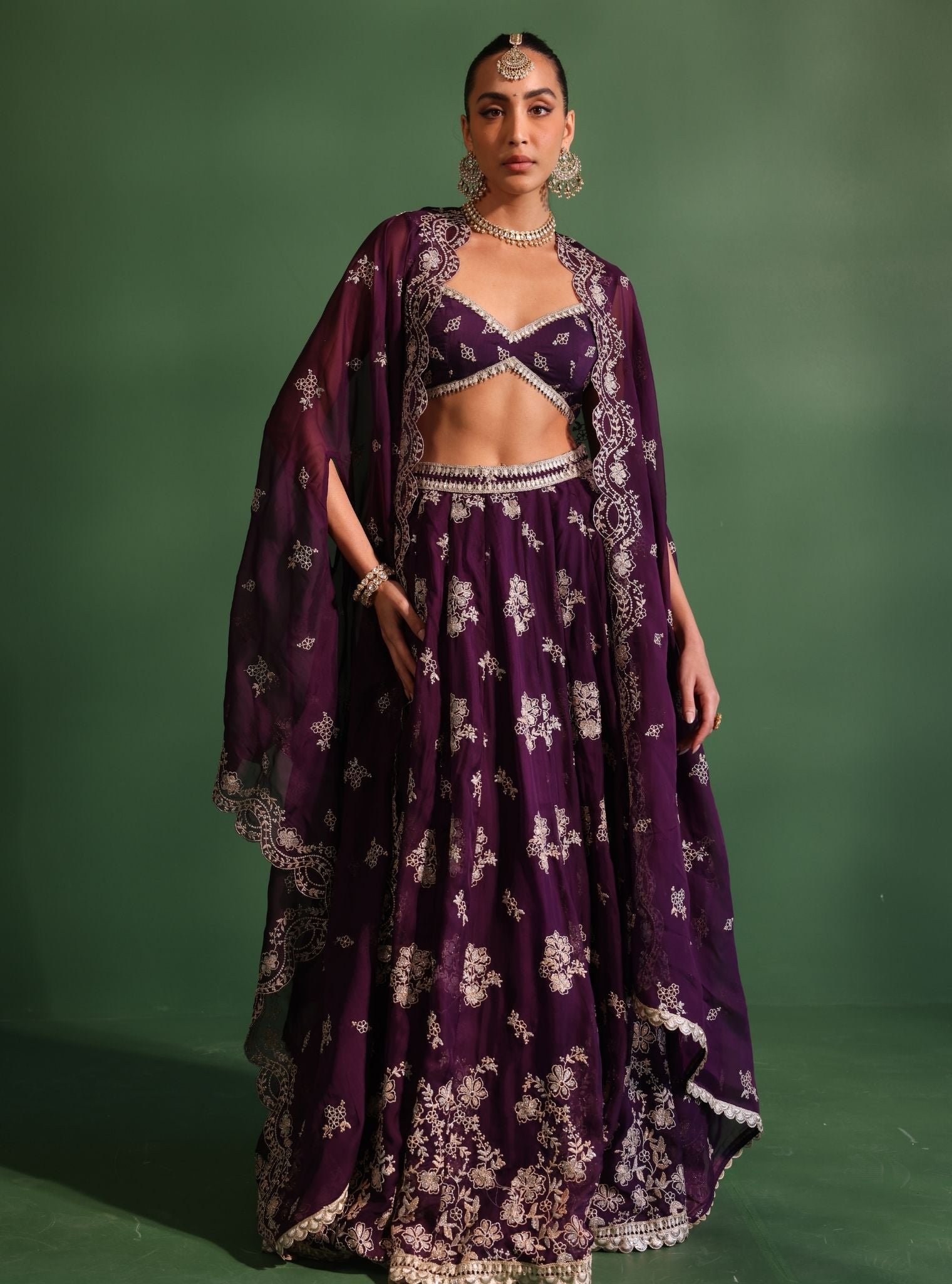 Mulmul Organza Jugnu Purple Lehenga