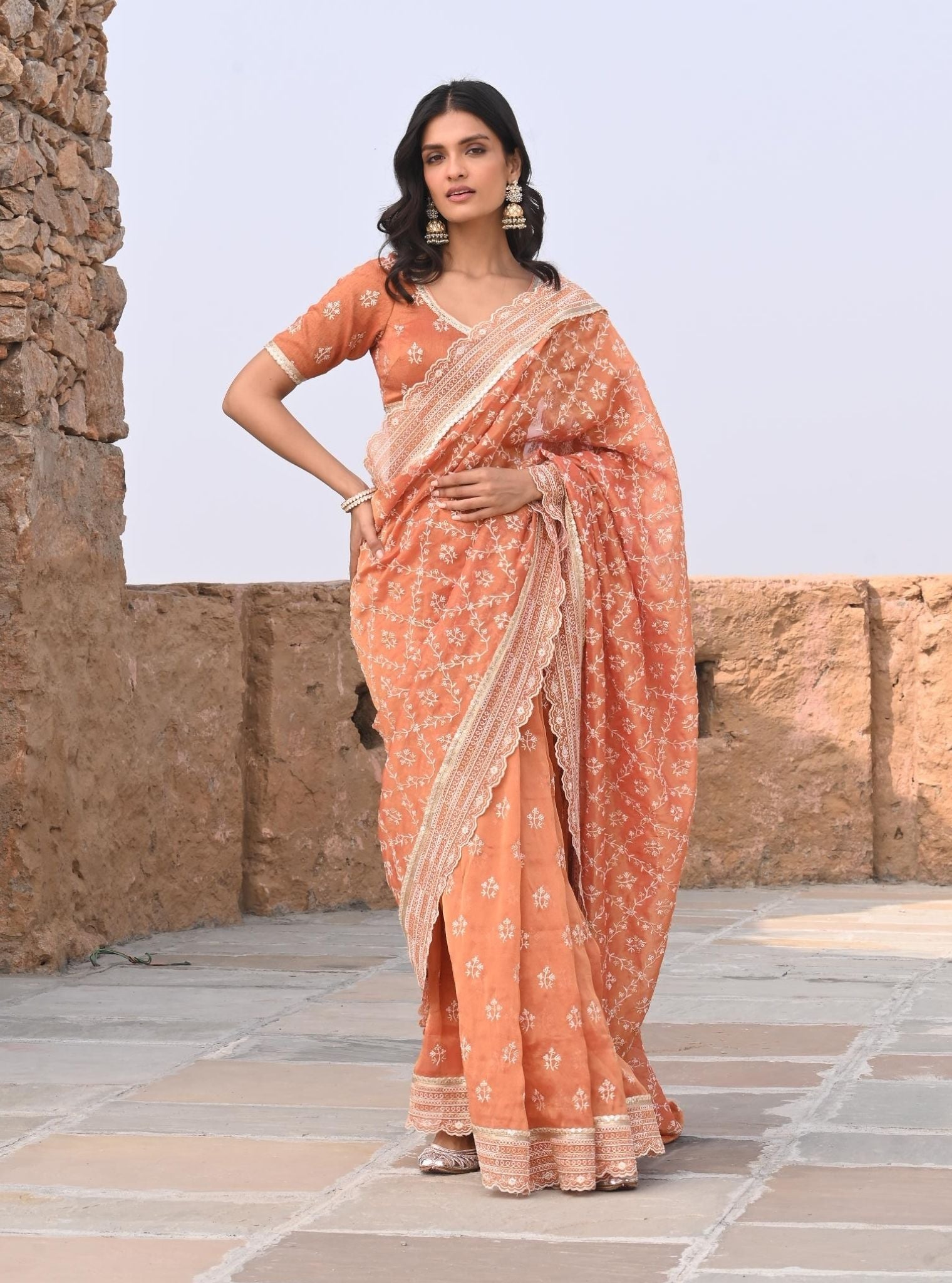 Mulmul Luxe Tissue Mehram Burnt Orange Saree