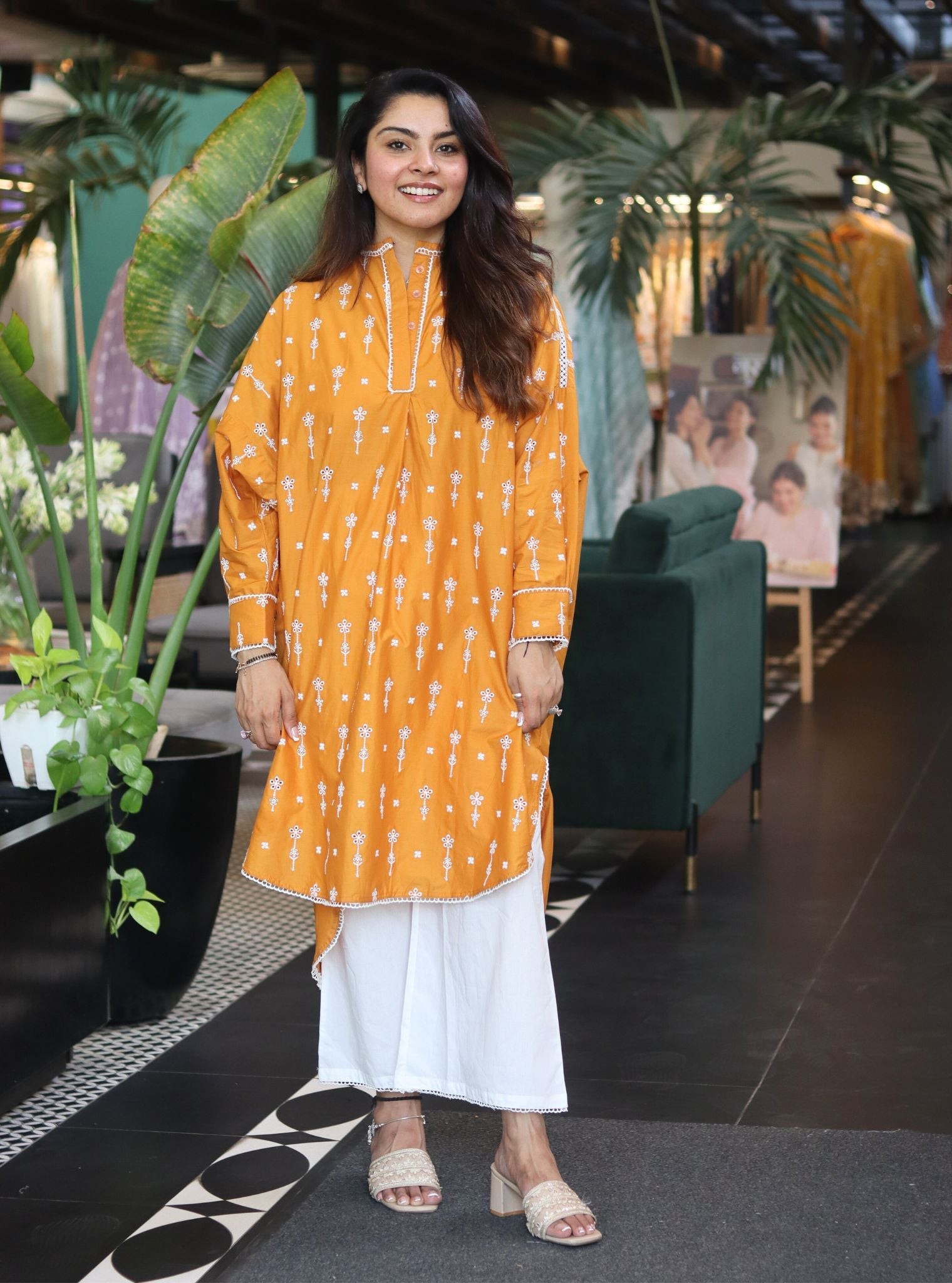 Mulmul Cotton Oriana Orange Kurta With Mulmul Cotton Oriana White Pant