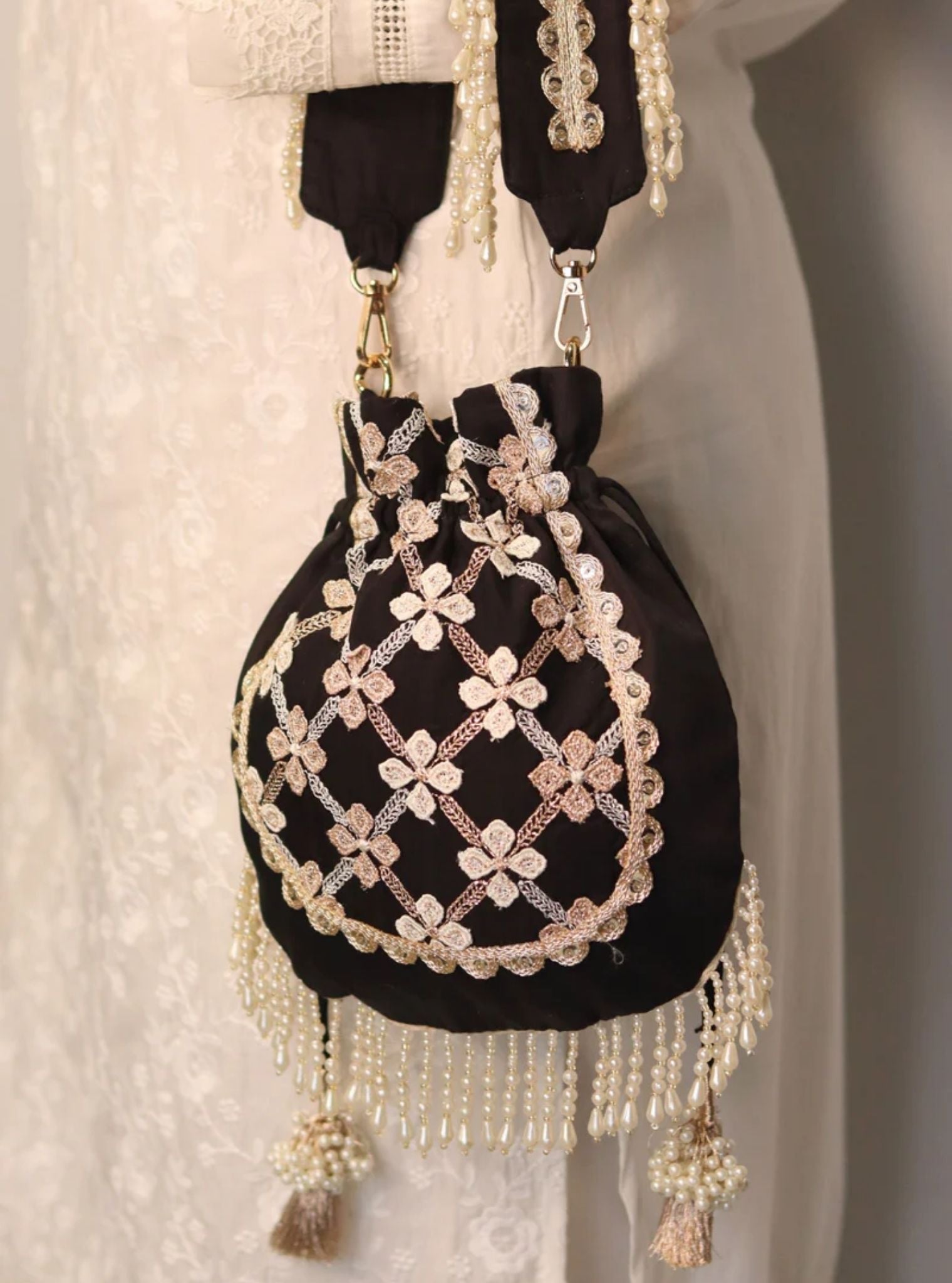 Mulmul Resham Black Potli Bag