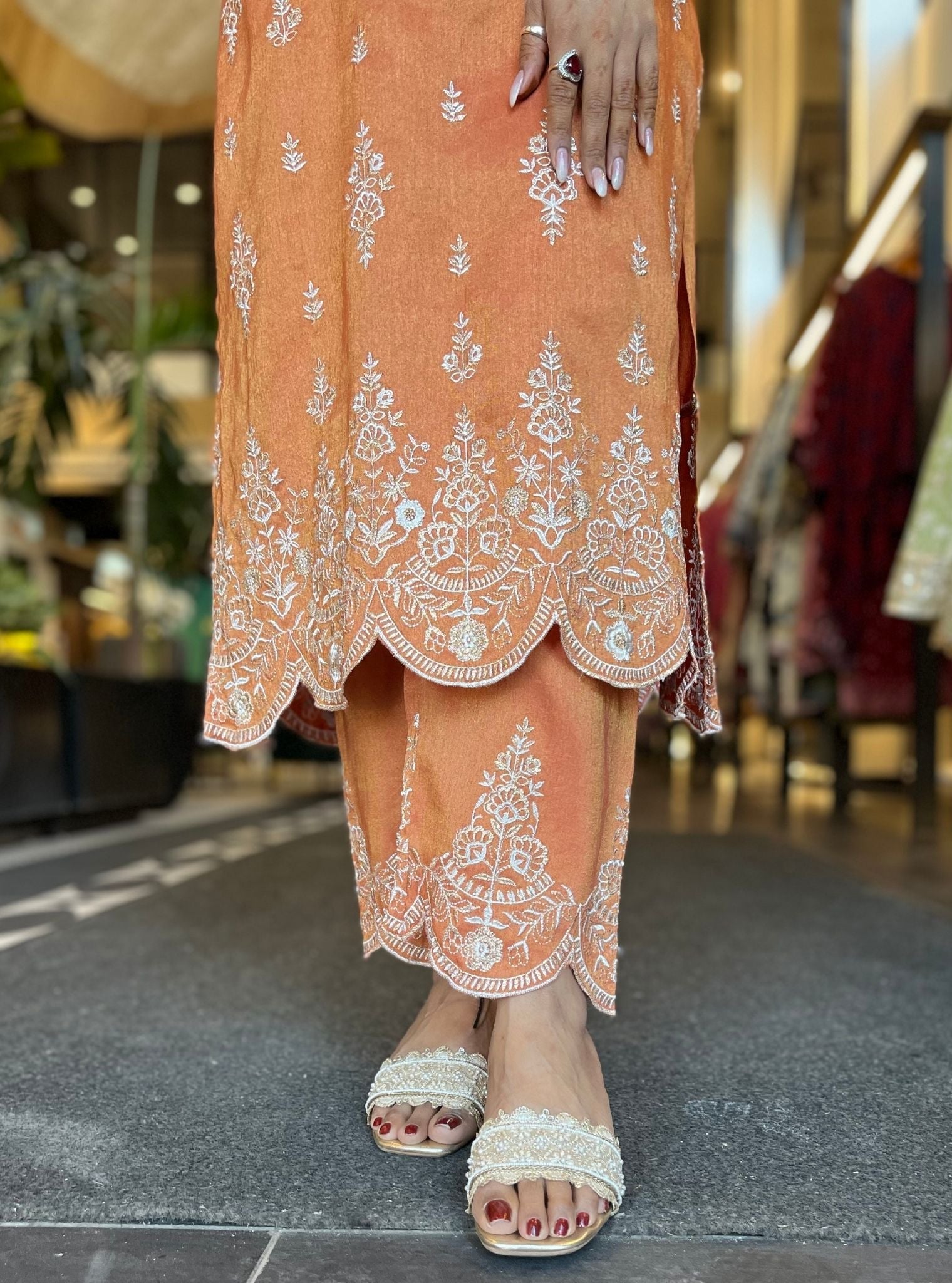 Mulmul Tissue Linen Satin Emon Burnt Orange Kurta With Mulmul Tissue Linen Satin Emon Burnt Orange Pant