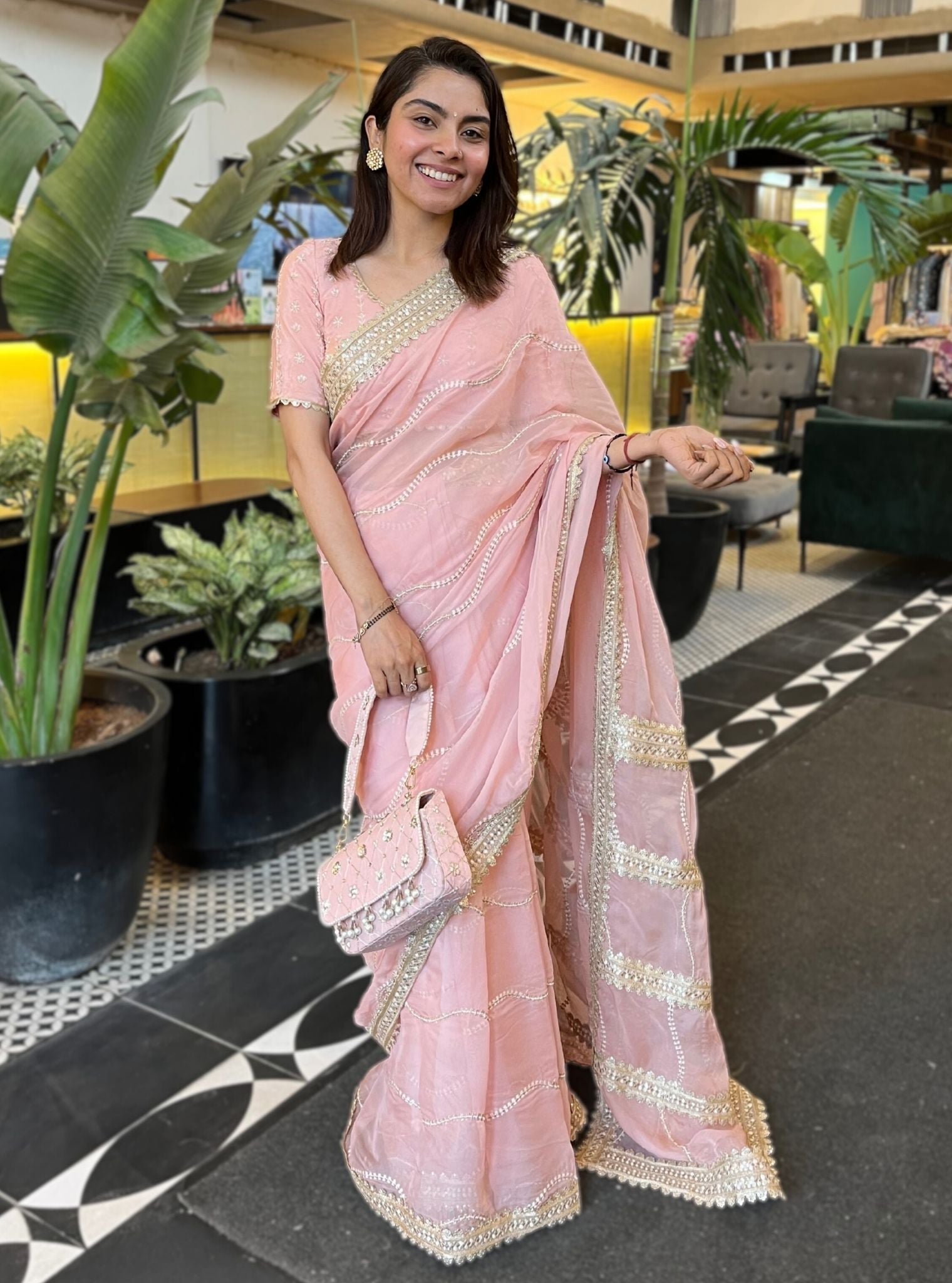 Mulmul Organza Aubry Pink Saree