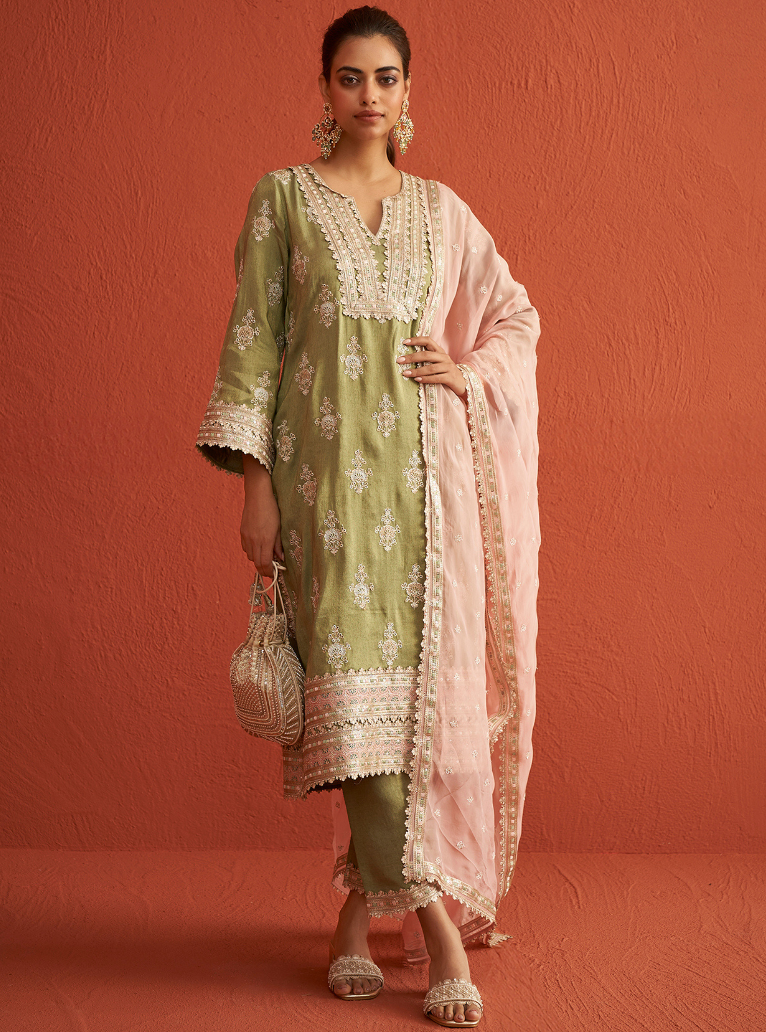 Mulmul Tissue Linen Satin Mitthi Sage Green Kurta With Mulmul Tissue Linen Satin Mitthi Sage Green Pant