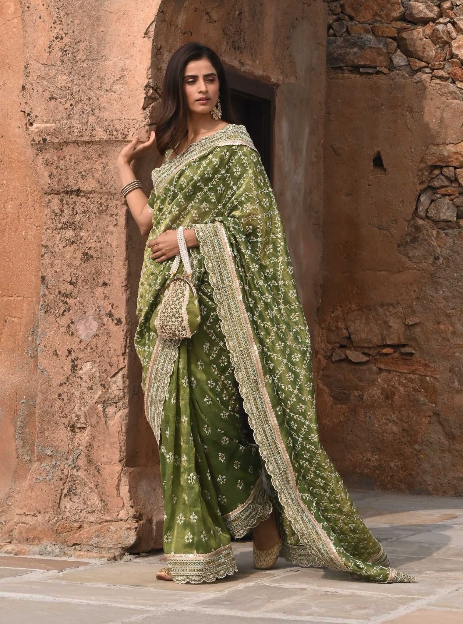 Mulmul Luxe Tissue Mehram Moss Green Saree