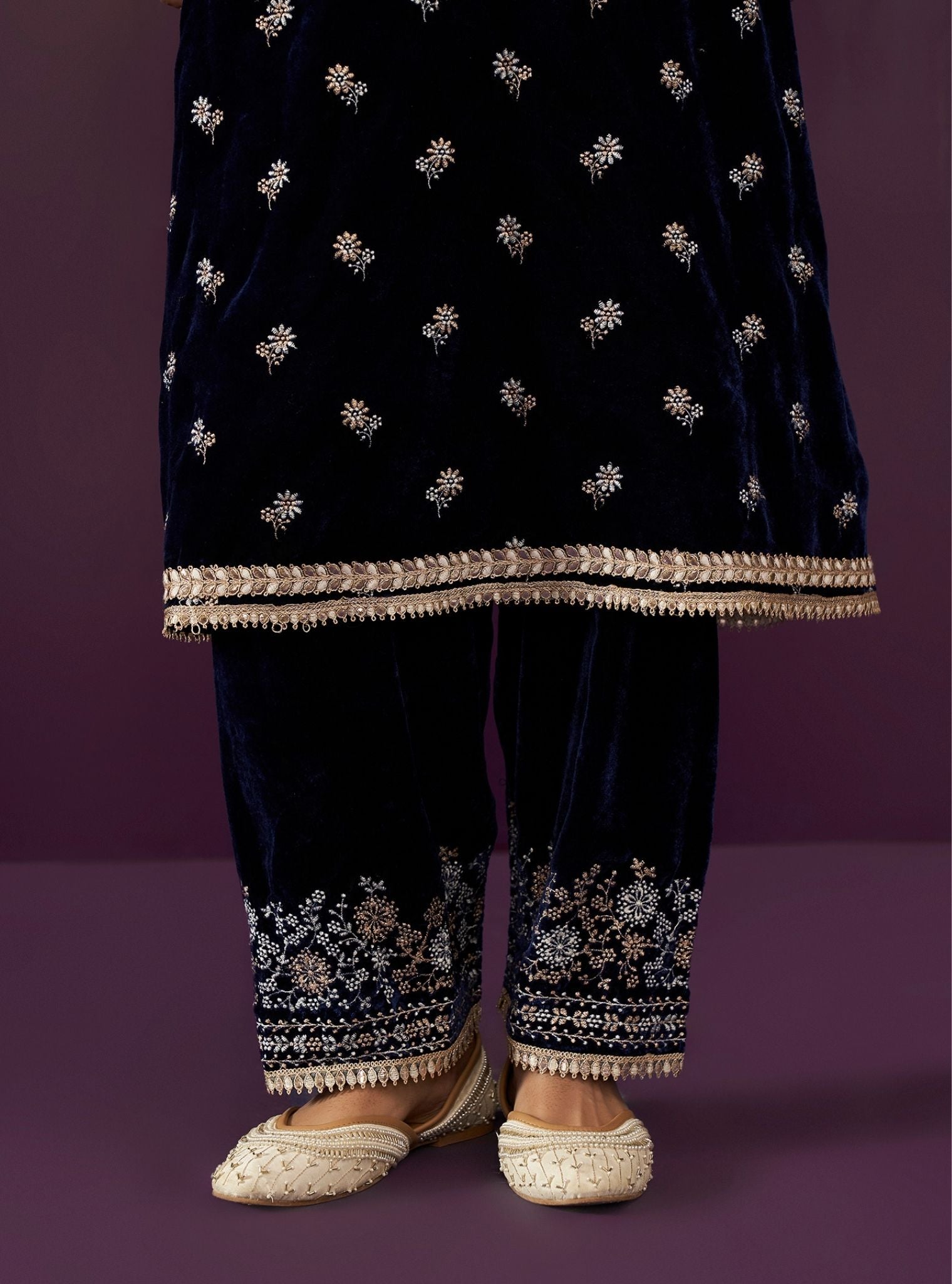 Mulmul Velvet Zia Navy Kurta With Mulmul Velvet Zia Navy Pant