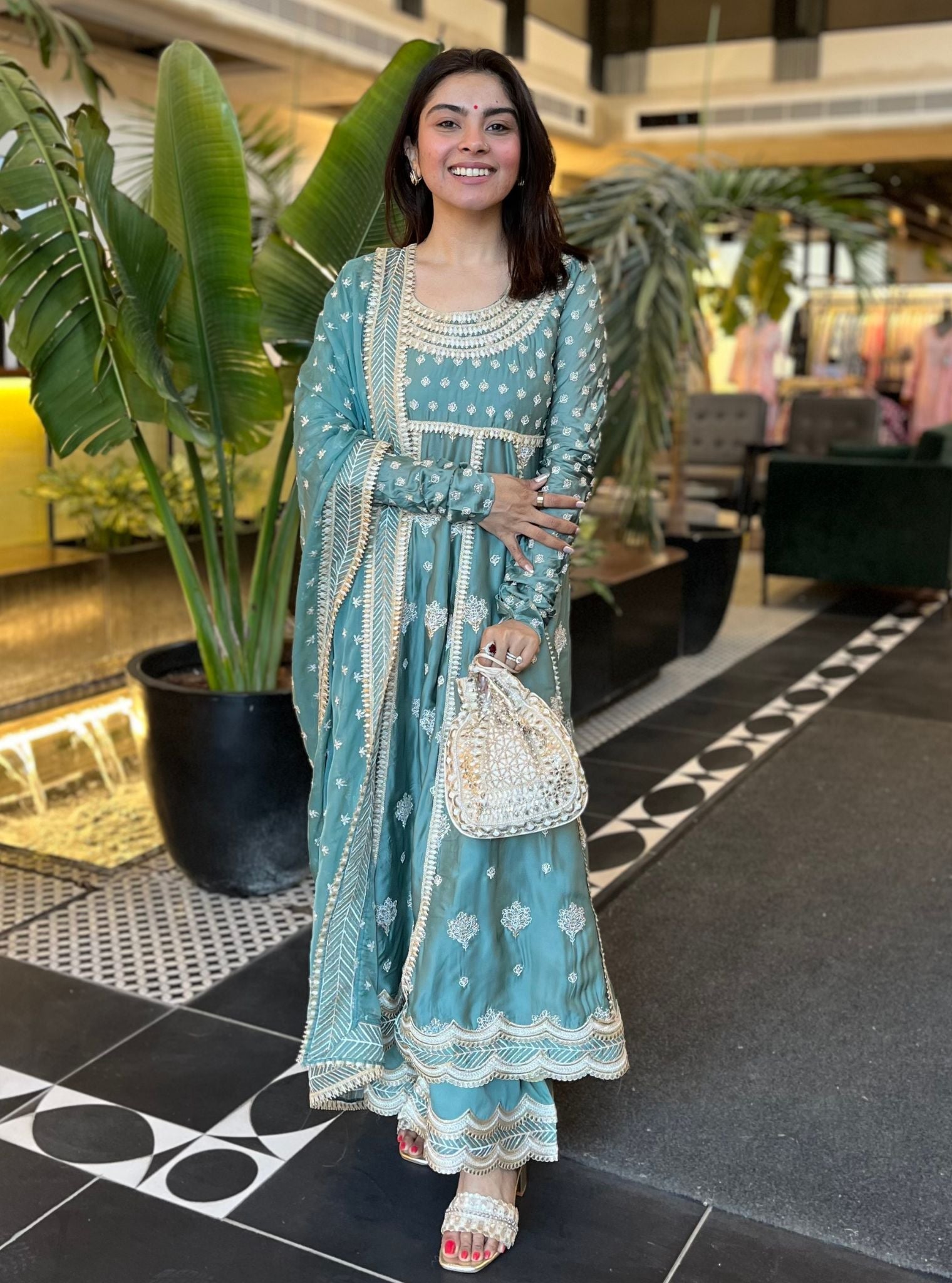 Mulmul Organza Satin Palki Teal Blue Kurta With Mulmul Organza Satin Palki Teal Blue Pant