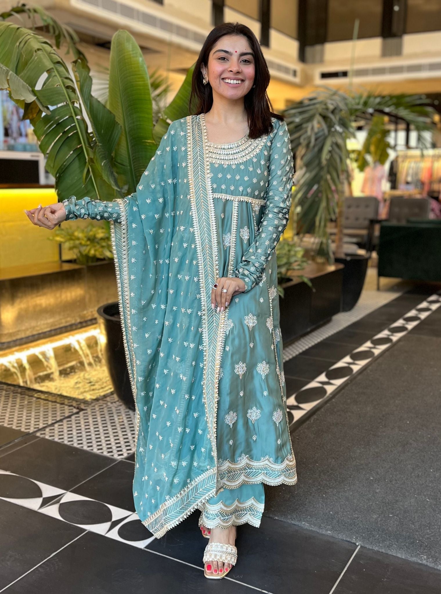 Mulmul Organza Satin Palki Teal Blue Kurta With Mulmul Organza Satin Palki Teal Blue Pant