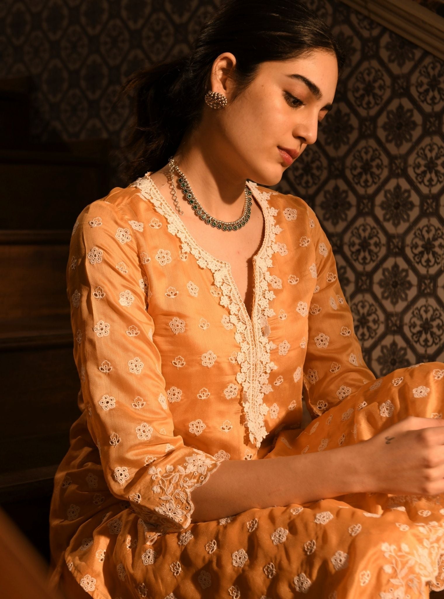 Mulmul Chanderi Miri Orange Kurta With Mulmul Chanderi Miri Orange Pant