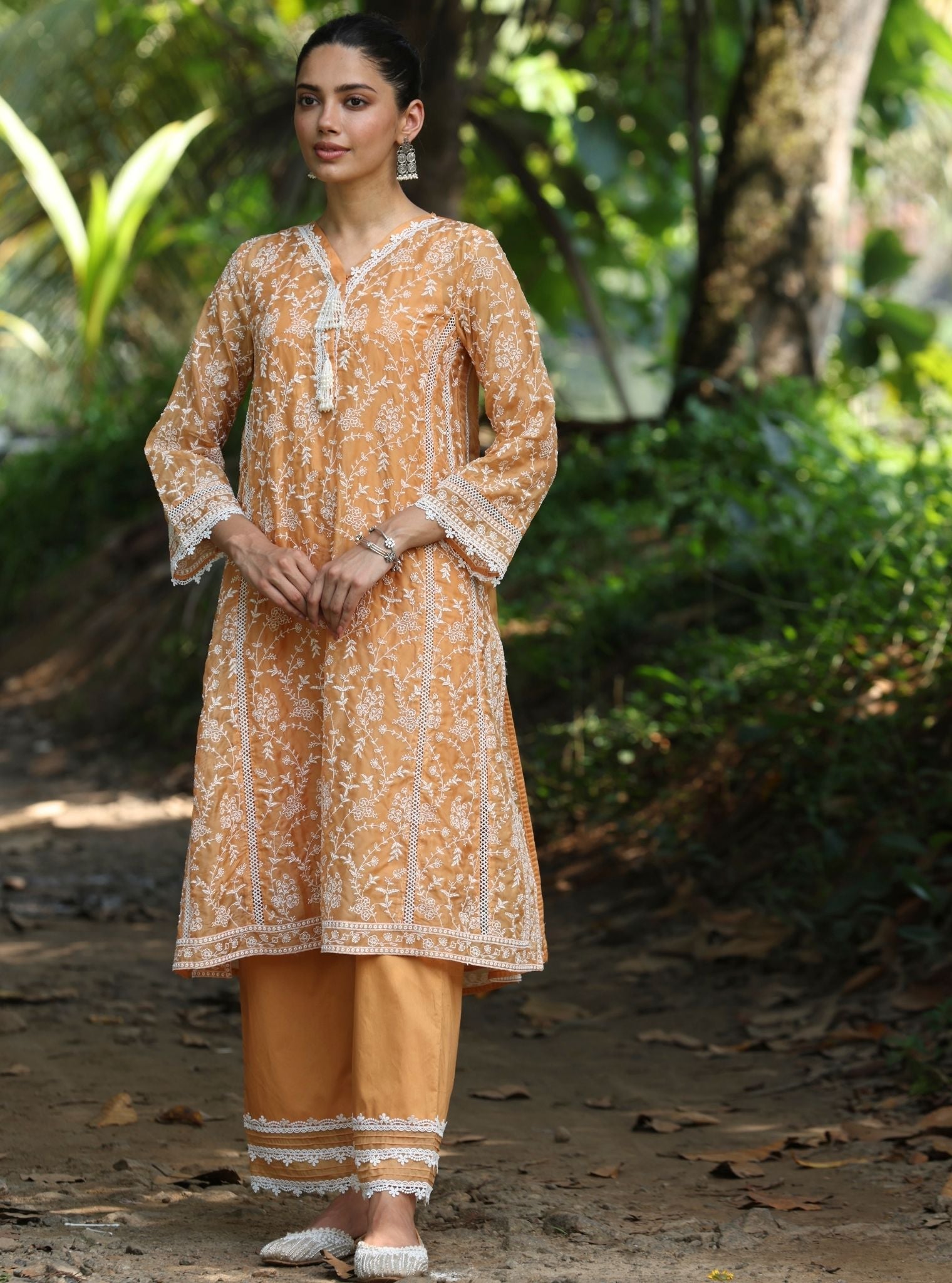 Mulmul Organza Caara Orange Kurta With Mulmul Cotton Caara Orange Pant