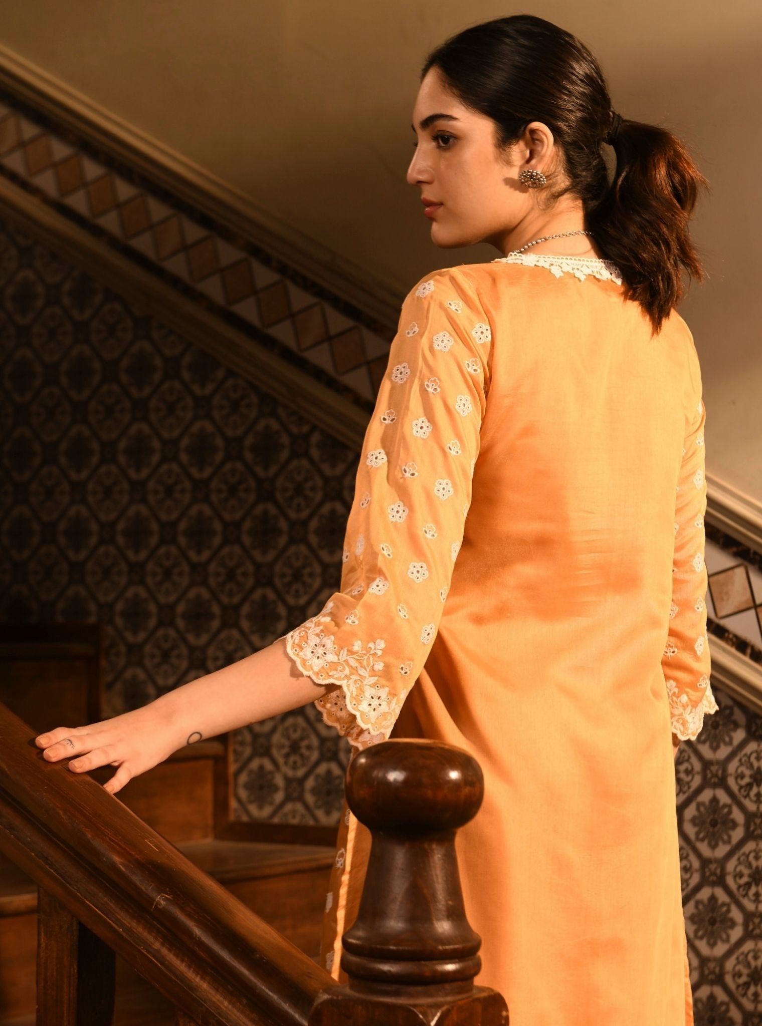 Mulmul Chanderi Miri Orange Kurta With Mulmul Chanderi Miri Orange Pant