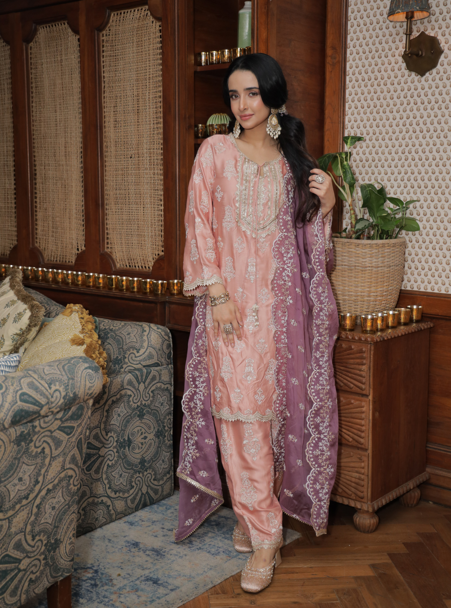 Mulmul Cupro Satin Intira Pink Kurta With Mulmul Cupro Satin Intira Pink Pant