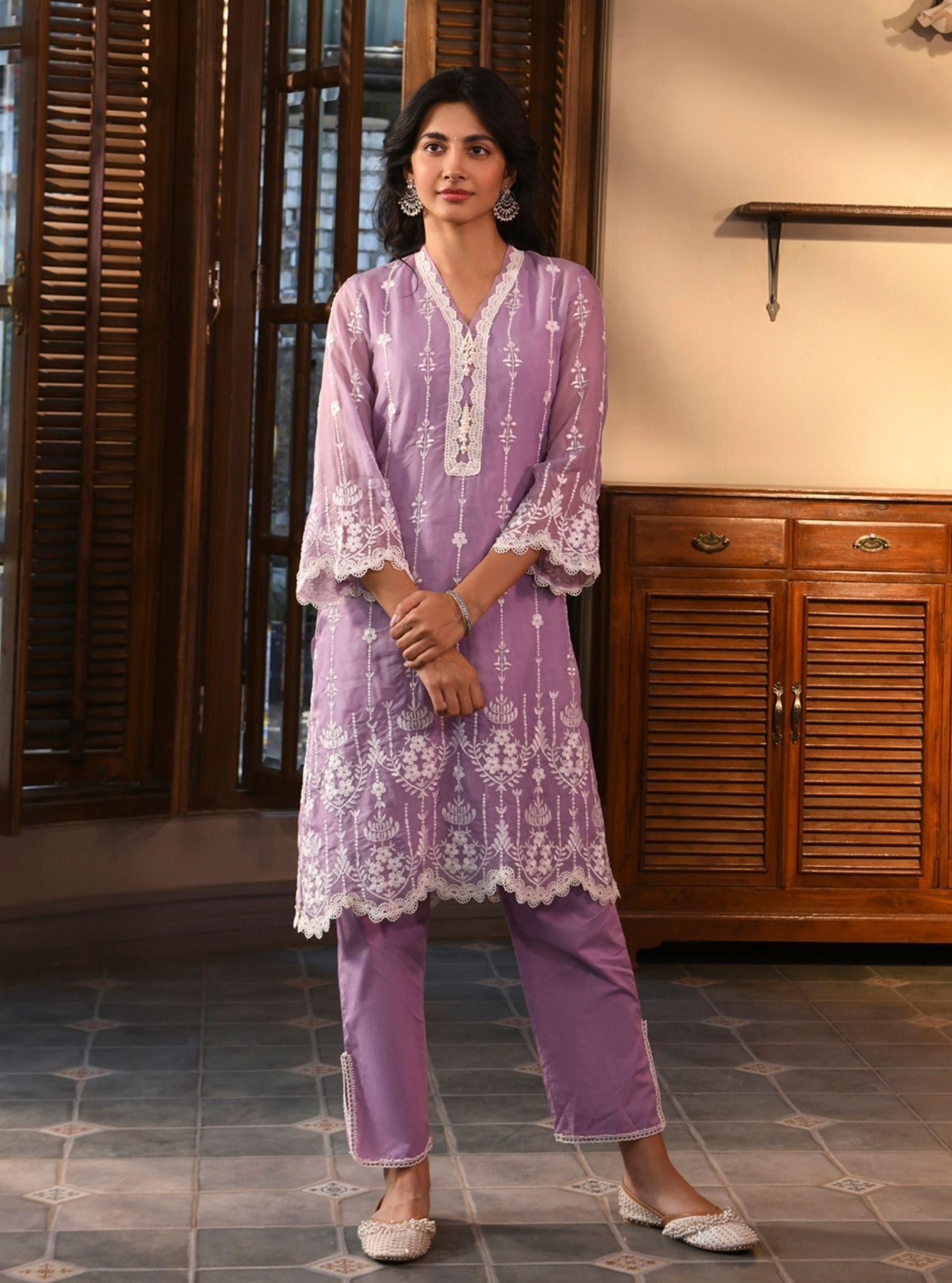 Mulmul Organza Nima Lavender Kurta With Mulmul Cotton Nima Lavender Pant