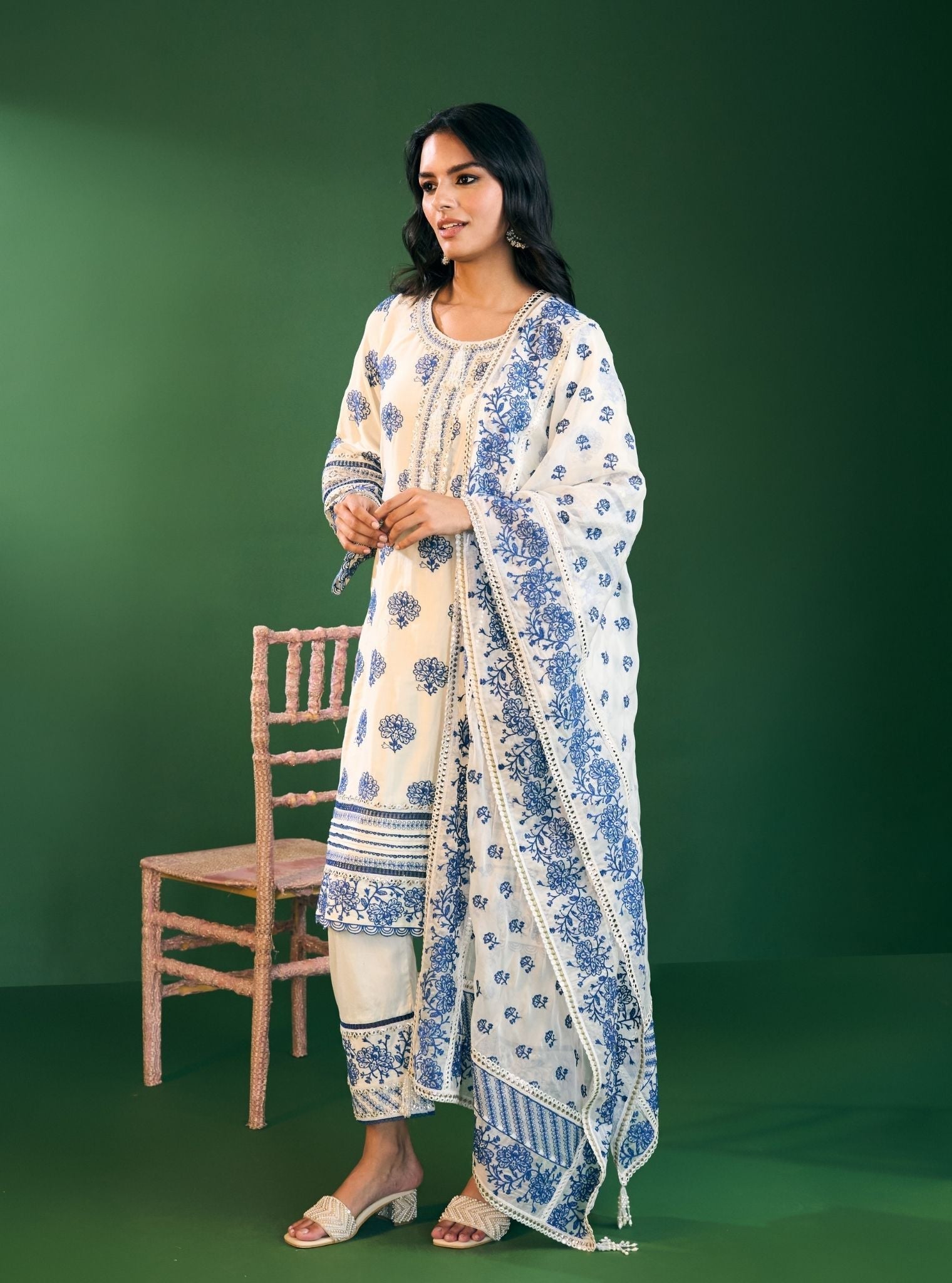 Reha Pima Satin Off White Kurta Set