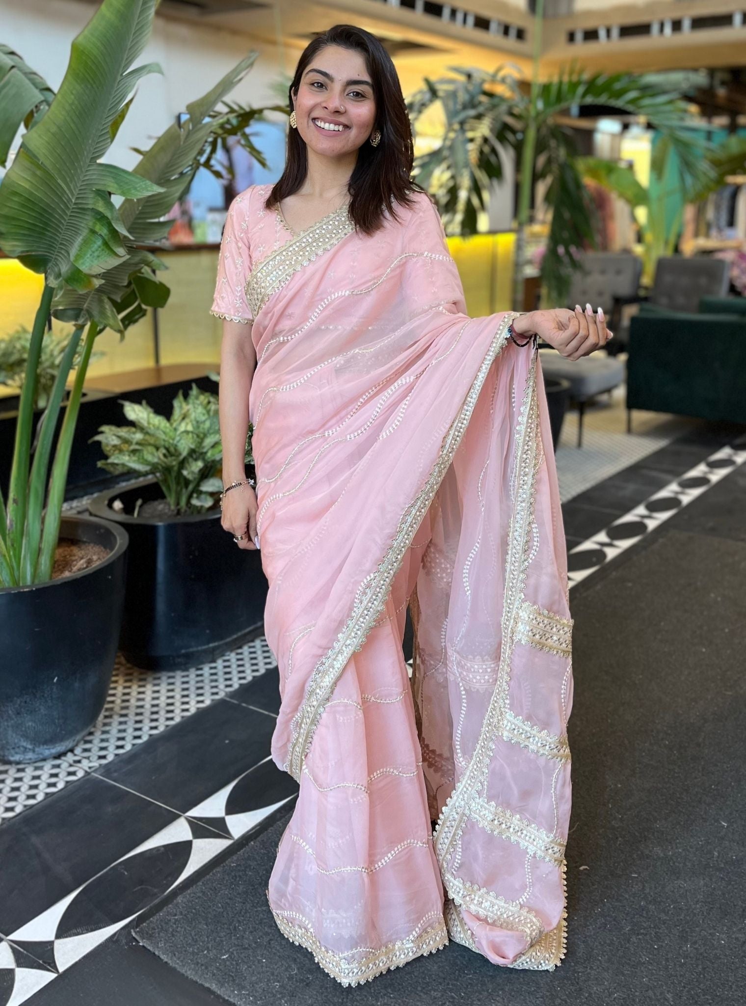 Mulmul Organza Aubry Pink Saree