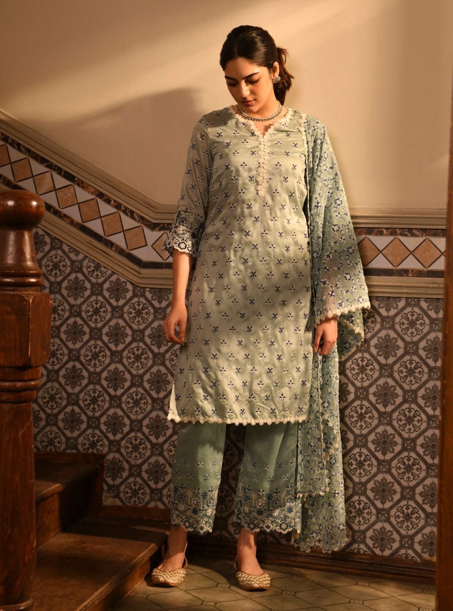 Mulmul Chanderi Ray Light blue Kurta With Mulmul Chanderi Ray Light Blue Pant