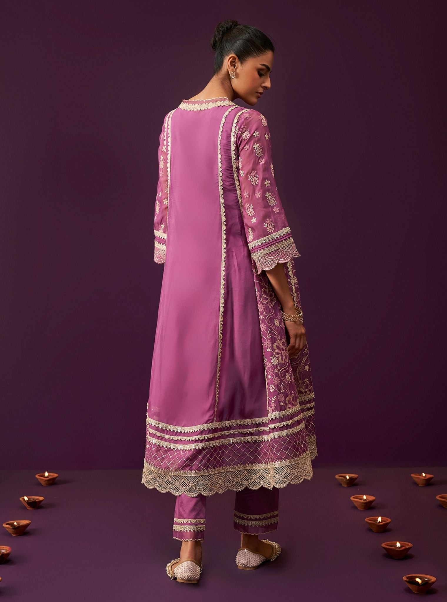 Mulmul Organza Sirikit Grape Anarkali Kurta With Mulmul Pima Satin Sirikit Grape Pant