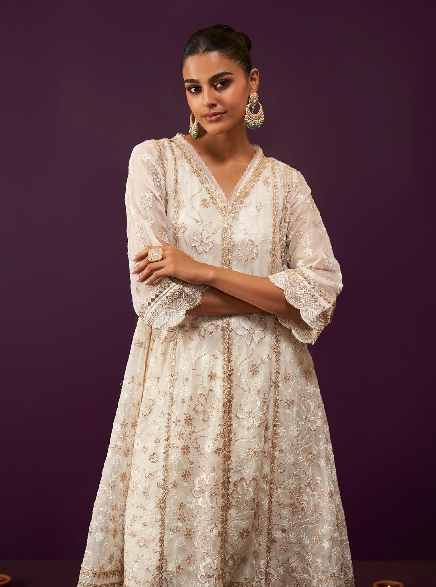 Mulmul Organza Sirikit Off White Anarkali Kurta With Mulmul Pima Satin Sirikit Off White Pant