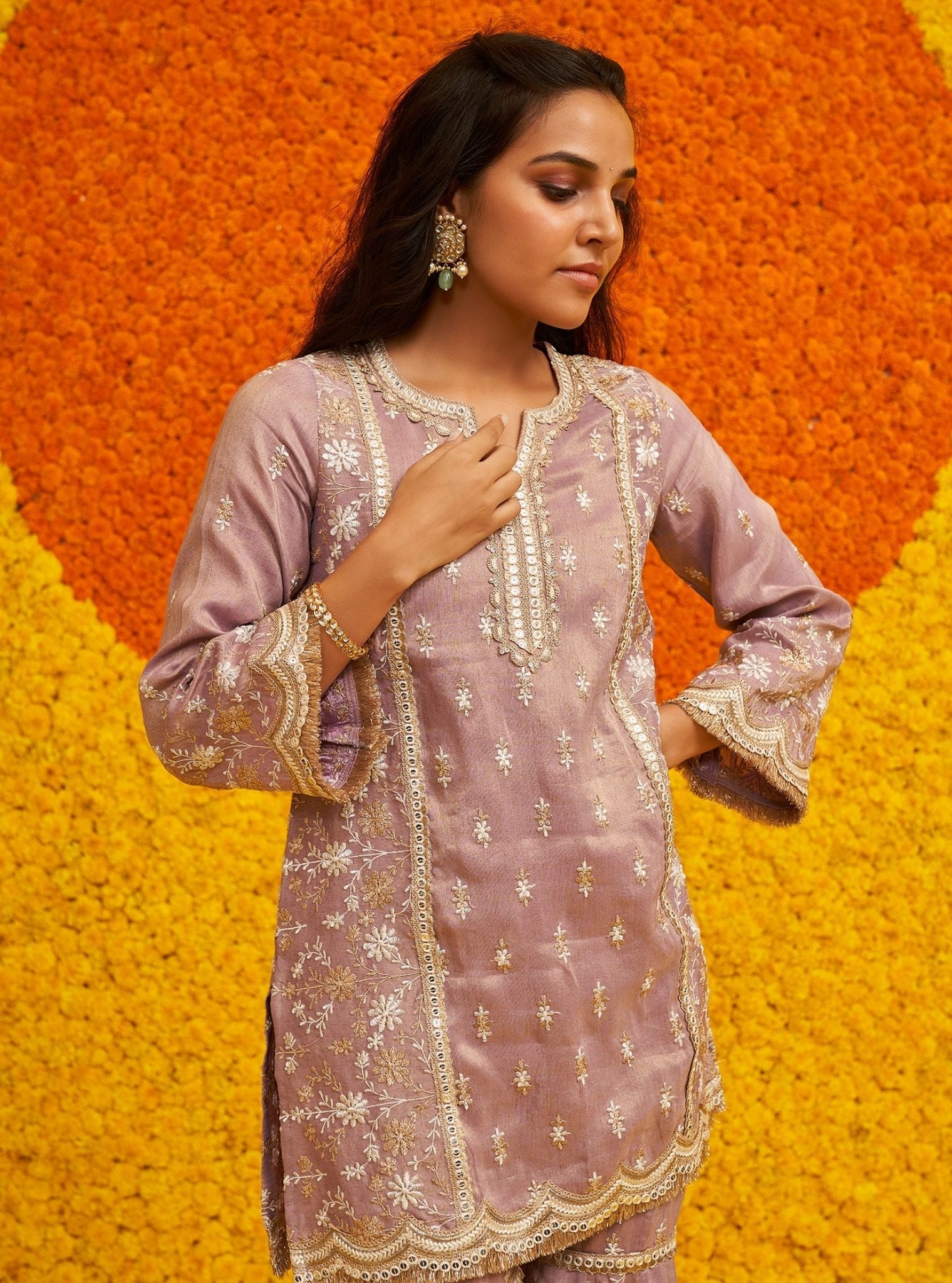 Mulmul Tissue Linen Satin Satranga Lilac Kurta With Mulmul Tissue Linen Satin Satranga Lilac Pant