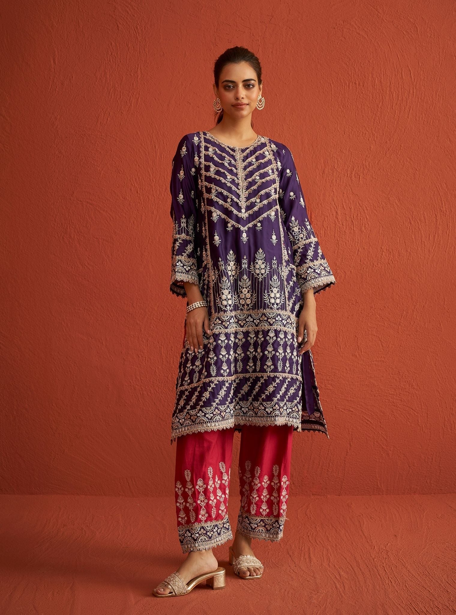 Mulmul Organza Satin Ambar Purple Kurta With Mulmul Pima Satin Ambar Fuchsia Pant