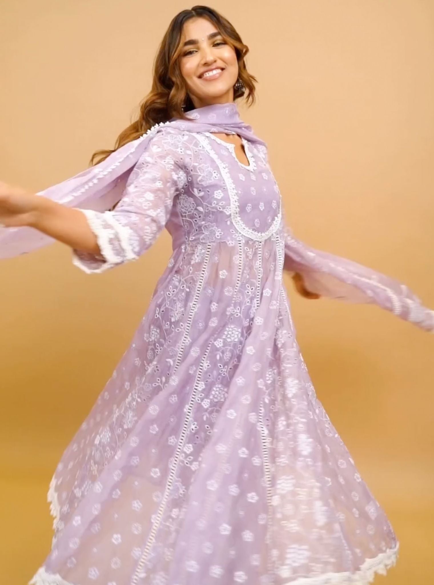 Mulmul Organza Britney Lavender Anarkali Kurta With Mulmul Cotton Britney Lavender Pant