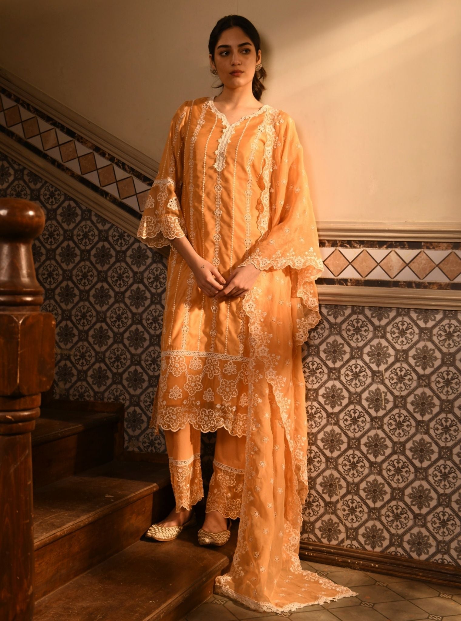 Mulmul Chanderi Reef Orange Kurta With Mulmul Cotton Reef Orange Pant