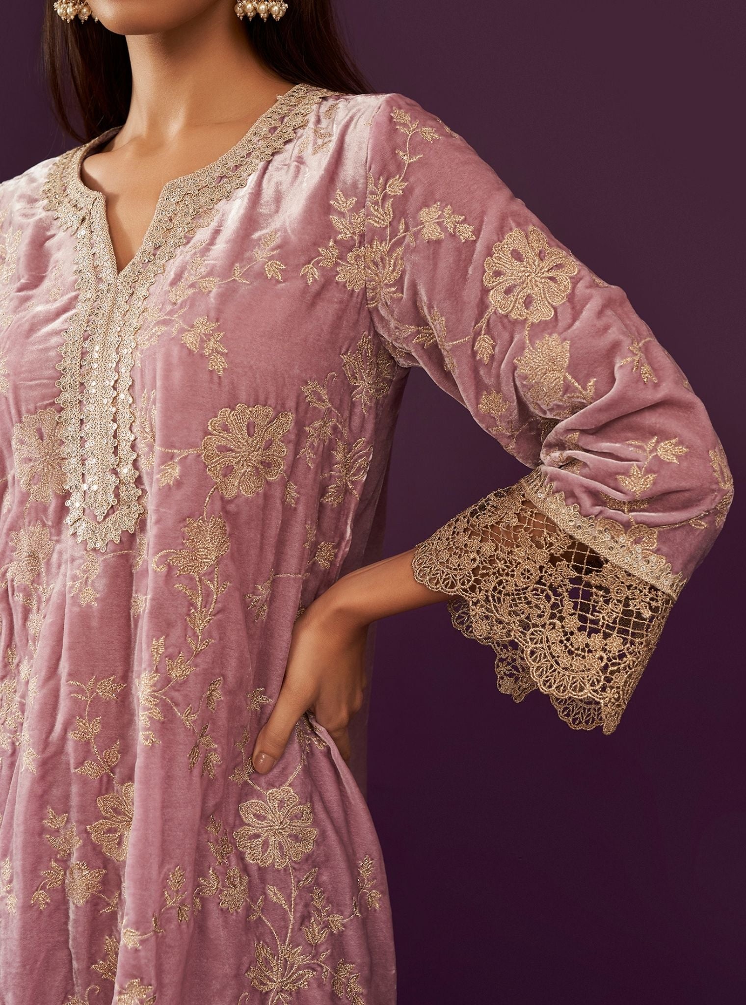 Mulmul Velvet Imani Lilac Kurta With Mulmul Velevt Imani Lilac Dhoti Pant