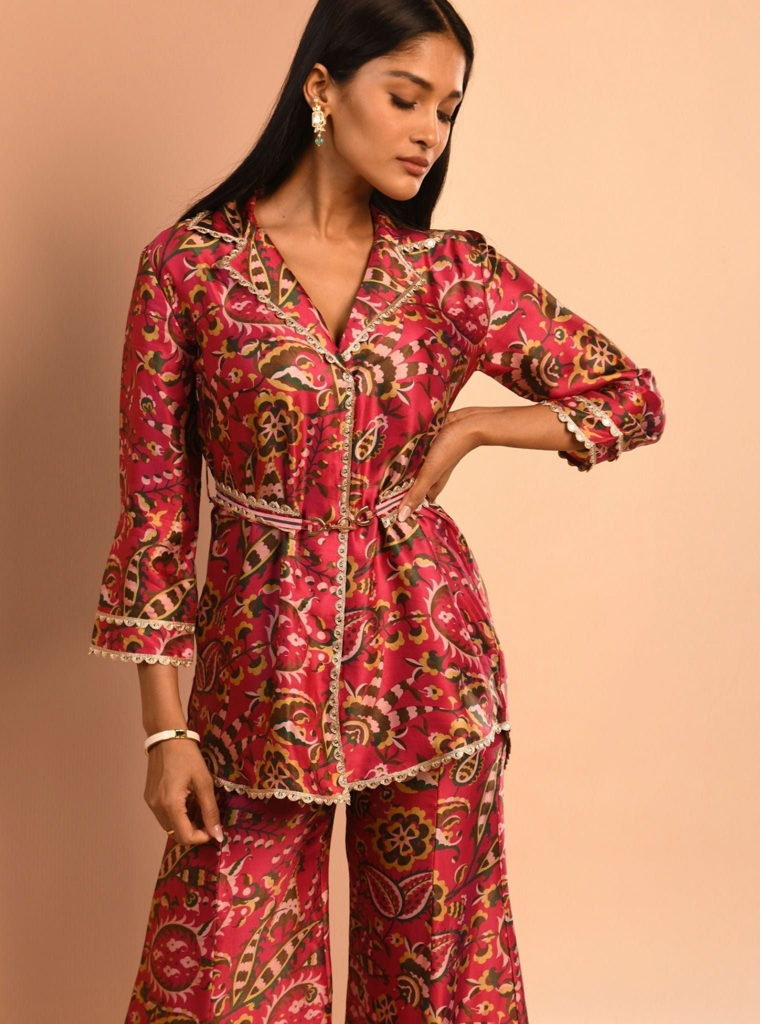 Mulmul Cupro Bree Fuchsia Kurta With Mulmul Bree Fuchsia Pant