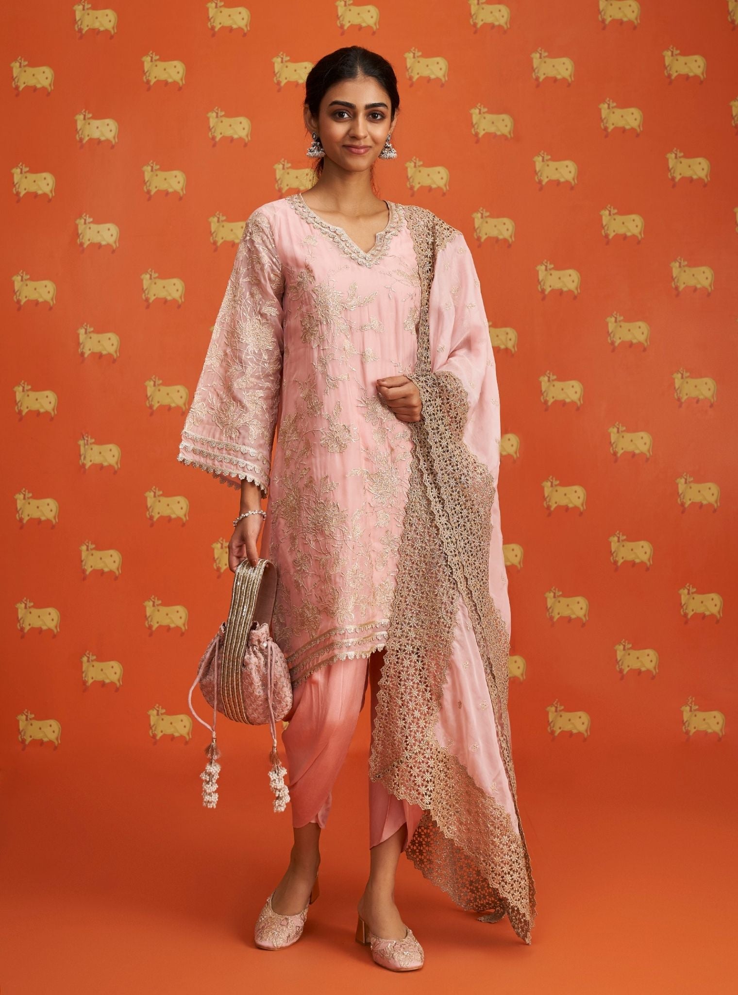 Mulmul Organza Sunee Pink Kurta With Mulmul Cupro Satin Sunee Pink Salwar